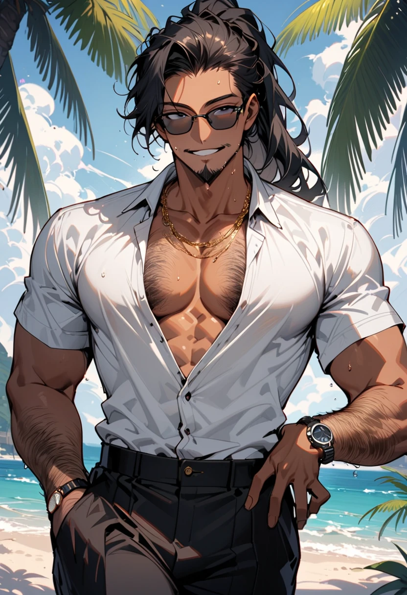 Masterpiece, Best Quality, Ultra-Detailed, 1man, 30 years old, stud, hunk, bara, muscular, jock, huge muscles, black hair, black beard, ((full beard:1.0)), black mustache, green eyes, steampunk googles on head, hawaiian shirt, ((flowered shirt)), (((short sleeve shirt:1.0))), open shirt, hairy chest, hairy torso, hairy abdomen, looking at the viewer, happy expression, sitting, holding a drink