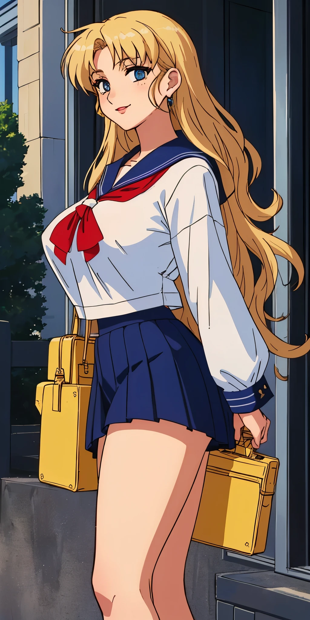 Young woman drawn in 80’s anime art style.
Retro anime. Vintage Anime. Classical Anime.
She has long and wavy blonde hair, blue eyes, full lips, and a beauty mark located under the right side of her mouth. She is well known for her curvaceous figure of which her most distinctive trait is her very large breasts. She is also wearing jewelry and a seductive smile.
She is wearing a sailor fuku (セーラー服, sērā fuku, sailor outfit) is a common japanese style of uniform worn by women, traditionally by high school female students.
The uniform generally consists of a sailor-styled blouse attached with a (Navy blue sailor-style collar) and a Dark Navy Blue Sailor Blouse. The length of the long skirt goes down past her ankle.
A ribbon is tied in the front and laced through a loop attached to the sailor blouse. The color is the ribbon is red. (RED RIBBON)
(Dark Navy Blue Sailor Shirt)
(Dark Navy Pleated Skirt)
She is holding a briefcase
(High School)