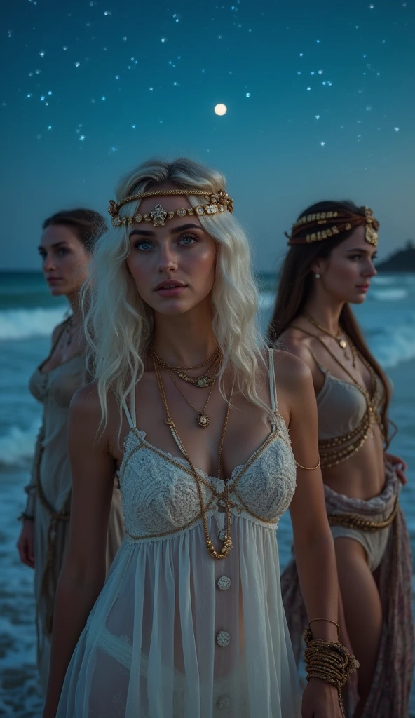 Masterpiece, Best Quality, (Perfect Face:1.1) , (High Detail:1.1), Hera, Goddess of Motherhood and Chastity, Bathing Scene, Dramatic, Female Triplets, Breasts, White Hair, Gray Hair, Blue Eyes, Cleavage, Long Hair, Curvaceous, Big, Moon, See-through, Night, Dress, Thighs, Navel, White Dress, Thonged Choker, Bare Shoulders, Wide Hips, Thick Thighs, Lips, Covered, Laced Robes, pelvic curtains, laced pelvic curtains, toned pelvis, toned hips, milky hips, navel piercings, body piercings, huge chest, muscles, large biceps, thigh muscles, bruised knees, knee-down shorts, garter belt, white heels, white sandals, body piercings, chun-li thighs, neck chains, chains wrapped around the body, castle, detailed background of rocky areas in the Aegean Sea, Art, film lighting by Artgerm and Greg Rutkowski