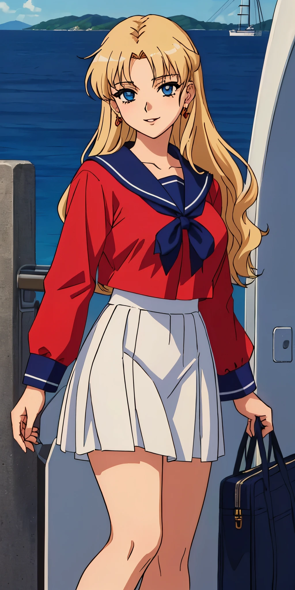 Young woman drawn in 80’s anime art style.
Retro anime. Vintage Anime. Classical Anime.
She has long and wavy blonde hair, blue eyes, full lips, and a beauty mark located under the right side of her mouth. She is well known for her curvaceous figure of which her most distinctive trait is her very large breasts. She is also wearing jewelry and a seductive smile.
She is wearing a sailor fuku (セーラー服, sērā fuku, sailor outfit) is a common japanese style of uniform worn by women, traditionally by high school female students.
The uniform generally consists of a sailor-styled blouse attached with a (Navy blue sailor-style collar) and a Dark Navy Blue Sailor Blouse. The length of the long skirt goes down past her ankle.
A ribbon is tied in the front and laced through a loop attached to the sailor blouse. The color is the ribbon is red. (RED RIBBON)
(Dark Navy Blue Sailor Shirt)
(Dark Navy Pleated Skirt)
She is holding a briefcase
(High School)