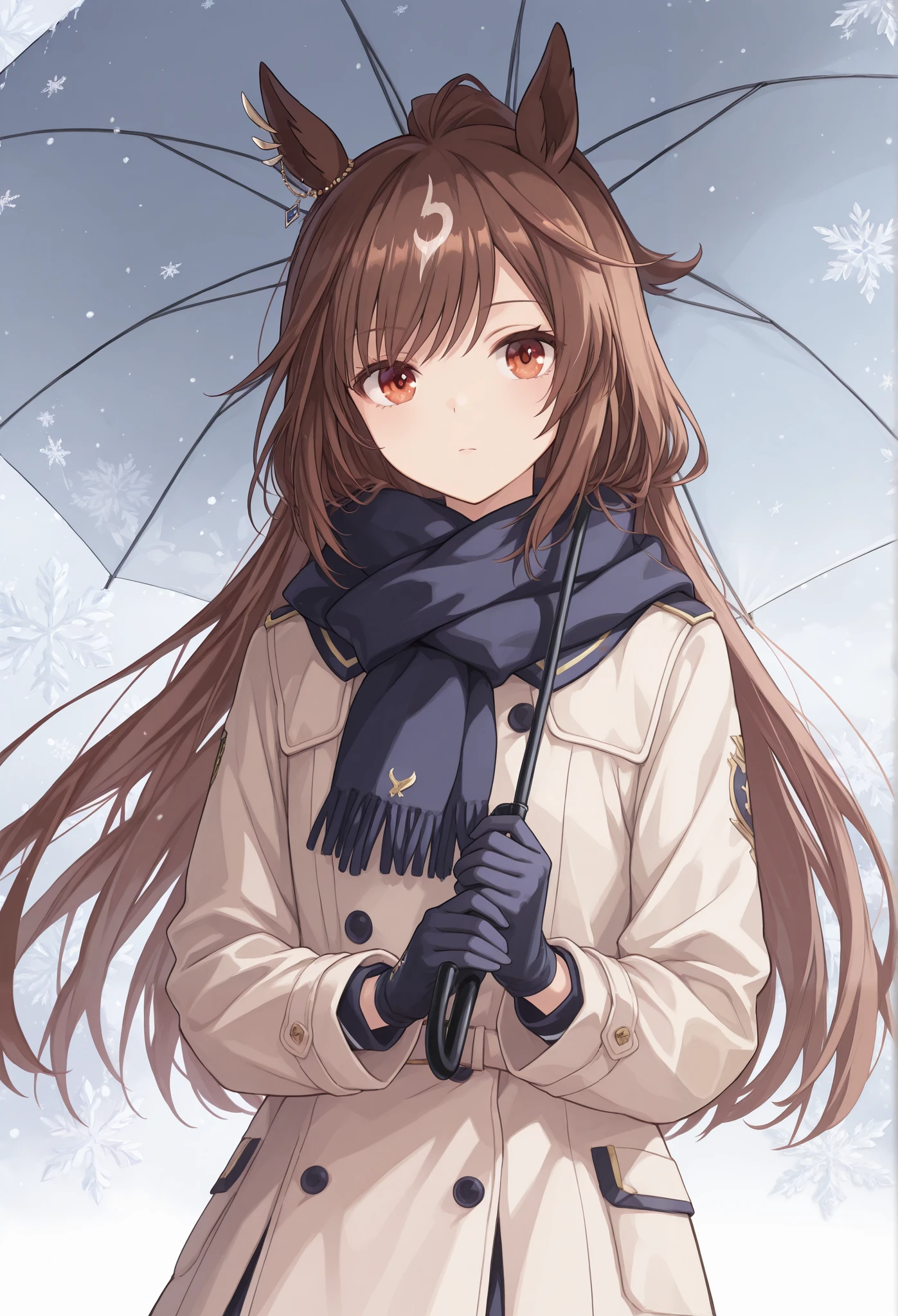 {{{ focus on the upper body :1.5}}},( high resolution),( high resolution), ( unity 8k wallpaper),( detailed image ), {{{Type Moon :1.7}}},((draw:1.5)), hard \{{{Uma Musume\}}}, A young girl walking to school on a winter morning, holding an umbrella. Snowflakes gently fall around her, and she wears a warm coat, scarf, and gloves. The atmosphere is calm and serene. expressionless