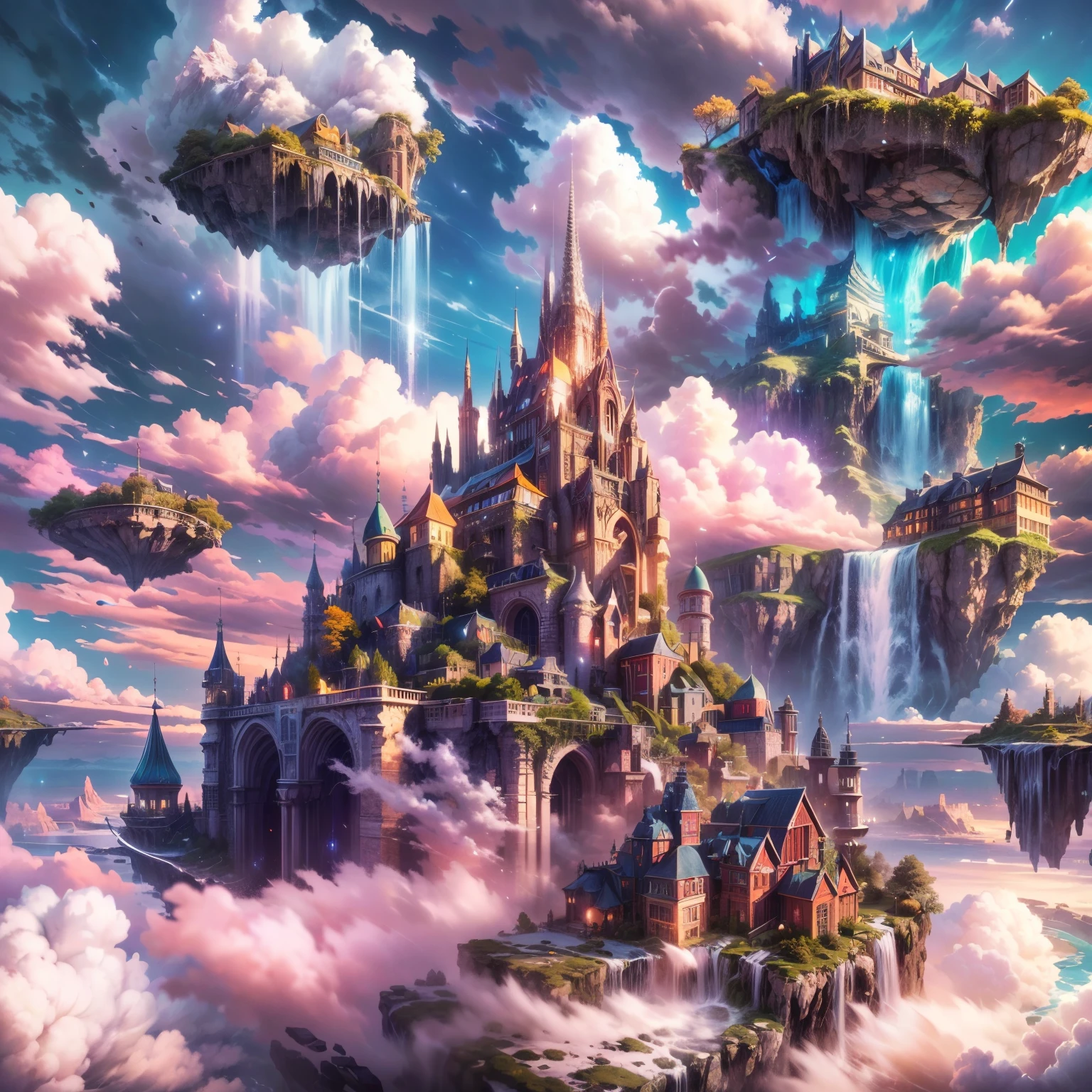 (best quality,4k,8k,highres,masterpiece:1.2),ultra-detailed,(realistic,photorealistic,photo-realistic:1.37),fantasy floating city, dark ages, floating island,floating in the sky, mystic city, colorful lights,advanced magical towers, reaching the clouds, awe-inspiring view, impressive design, seamless integration with nature, magical atmosphere ,bright blue sky, twinkle stars, white roses,cascading waterfalls,magnificent skyline,reflection on the water,sparkling river, scenic viewpoints, panoramic view,cloud-piercing towers,vibrant colors,epic sunrise,epic sunset,dazzling display of lights, ethereal beauty