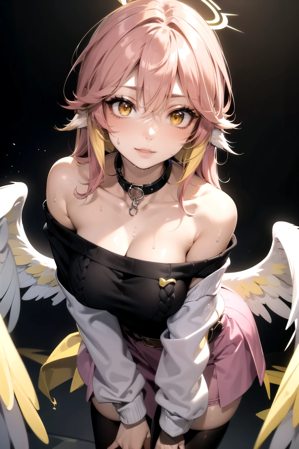 jibril, BREAK jibril, angel, angel wings, collar, animal ears, bird ears, compass rose halo, feathered wings, feathers, gradient hair, halo, long hair, low wings, multicolored hair, pink hair, symbol-shaped pupils, big breast, white wings, wing ears, wings, (yellow eyes:1.5), seductive look, seductive smile, Shiny skin, clothing. Big breast. Sexy, hot, attractive, alluring.
BREAK black thighhighs, (off shoulder, Black sweater:1.3), long sleeves , hot. (sweat:1.4). (Wet:1.1).
BREAK (masterpiece:1.2), best quality, high resolution, unity 8k wallpaper, (illustration:0.8), (beautiful detailed eyes:1.6), extremely detailed face, perfect lighting, extremely detailed CG, (perfect hands, perfect anatomy), narrow eyes.
