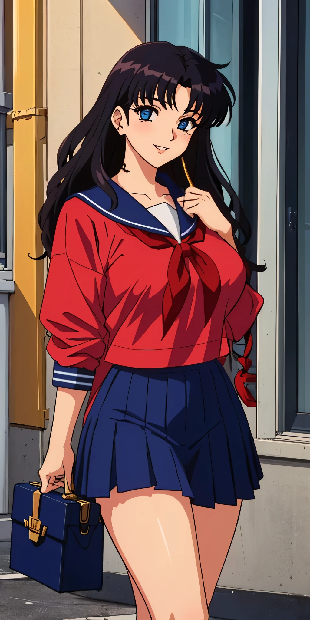 Young woman drawn in 80’s anime art style. 
Retro anime. Vintage Anime. Classical Anime. 

She has long and wavy blonde hair, blue eyes, full lips, and a beauty mark located under the right side of her mouth. She is well known for her curvaceous figure of which her most distinctive trait is her very large breasts. She is also wearing jewelry and a seductive smile. 

She is wearing a sailor fuku (セーラー服, sērā fuku, sailor outfit) is a common japanese style of uniform worn by women, traditionally by high school female students. 

The uniform generally consists of a sailor-styled blouse attached with a (Navy blue sailor-style collar) and a Dark Navy Blue Sailor Blouse. The length of the long skirt goes down past her ankle.

A ribbon is tied in the front and laced through a loop attached to the sailor blouse. The color is the ribbon is red. (RED RIBBON)

(Dark Navy Blue Sailor Shirt)
(Dark Navy Pleated Skirt)

She is holding a briefcase
(High School)

