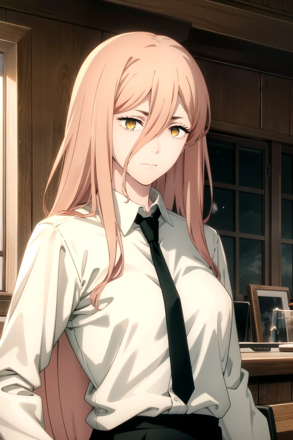 long body, long, أرجل longة, mature female, mature, adult, What _power, power ( A man with a chainsaw ), one girl, tie , Alone, Centuries, pupils in the shape of a symbol , shirt , red Centuries, الlong, black tie , hair between the eyes, white shirt , collared shirt , cross-shaped eyes , yellow eyes , pink hair, upper part of the body, أكمام longة, demon Centuries