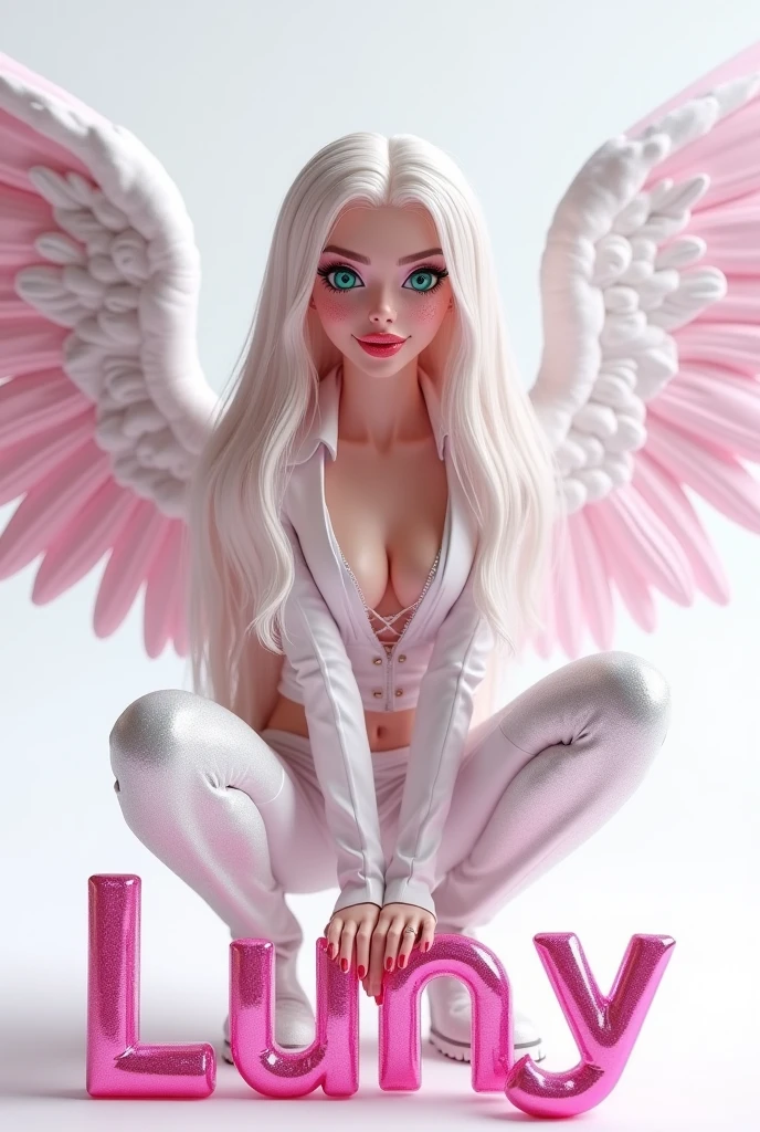 masterpiece, full HD, 8k, angel girl 5 meters tall, Golden wings, sexy young teen, bright crimson red eyes, wearing an open white tunic, exposing the nudity of his body without underwear, squatting, about a dildo