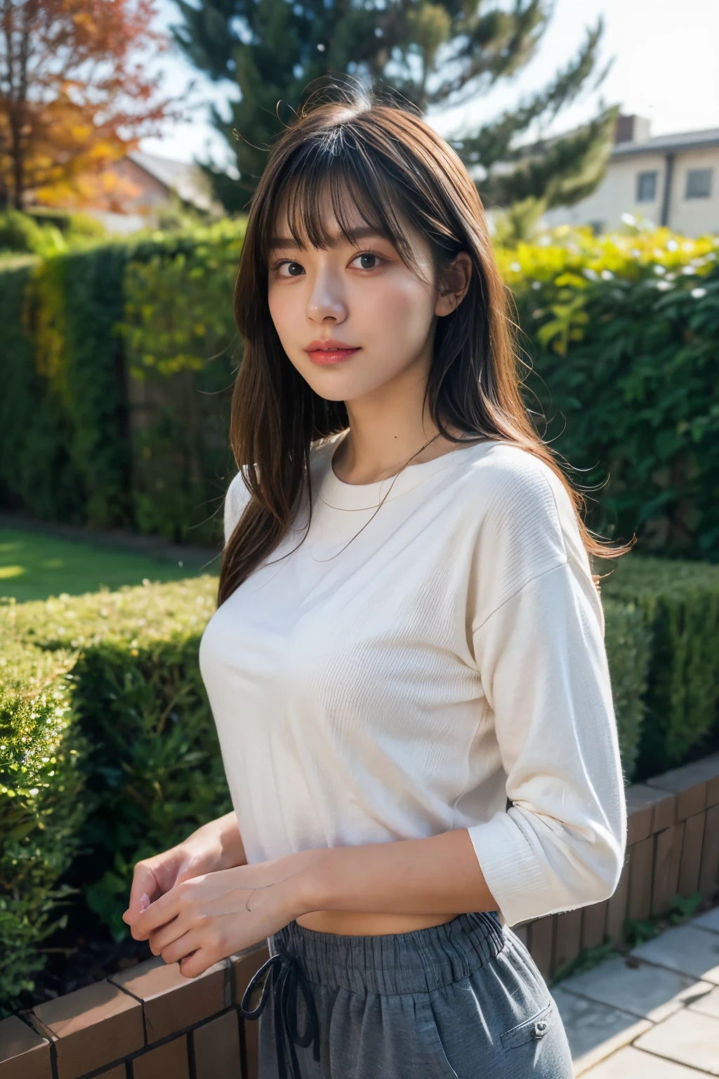 (masterpiece:1.2, Best Quality),,Anatomically perfect、 simple background、Winter clothes、20yo、garden,bangs, semen drips,Relaxed pants,small breasts