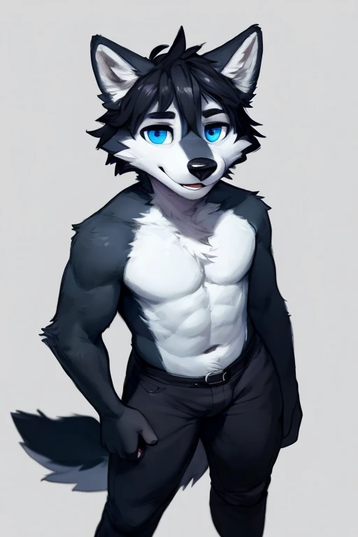 Big chest a black white and grey anthropomorphic wolf with blue eyes and black hair Wearing black and white shorts at the seafood restaurant eating Delicious and tempting Chinese rice noodles, Blank background with beef inside, Lots of pepperany red oil chopsticks picked up rice noodles and displayed them in the style of colorful animation stills ,pose))) , big chest , day, , sensual, detailed, uploaded to e621, beautiful and detailed portrait of an anthropomorphic , (((male))) uploaded to e621, zaush, foxovh, movie lighting, thicc, alone, detailed, 8k res, hires, detailed eyes, good anatomy, good perspective, towards viewer, by bebebebebe, by sicklyhypnos, by gerkk, by orf, nice hands, perfect hands, happy, romantic, ray tracing lighting, rtx on, By Bebebebebe, by SpiritD, by KOBITOWANI, b est quality, masterpiece, perfect anatomy, detai led picture)), 1femboy, , sexy body, fluffy tail, shy, horny, romantic, black and gray and white fur