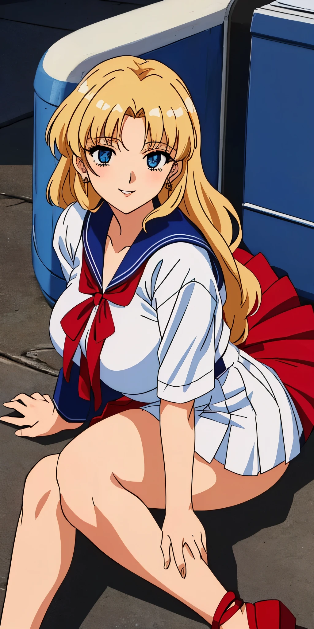 Young woman drawn in 80’s anime art style. 
Retro anime. Vintage Anime. Classical Anime. 

She has long and wavy blonde hair, blue eyes, full lips, and a beauty mark located under the right side of her mouth. She is well known for her curvaceous figure of which her most distinctive trait is her very large breasts. She is also wearing jewelry and a seductive smile. 

She is wearing a sailor fuku (セーラー服, sērā fuku, sailor outfit) is a common japanese style of uniform worn by women, traditionally by high school female students. 

The uniform generally consists of a sailor-styled blouse attached with a (Navy blue sailor-style collar) and a Dark Navy Blue Sailor Blouse. The length of the long skirt goes down past her ankle.

A ribbon is tied in the front and laced through a loop attached to the sailor blouse. The color is the ribbon is red. (RED RIBBON)

(Dark Navy Blue Sailor Shirt)
(Dark Navy Pleated Skirt)

She is holding a briefcase
(High School)
