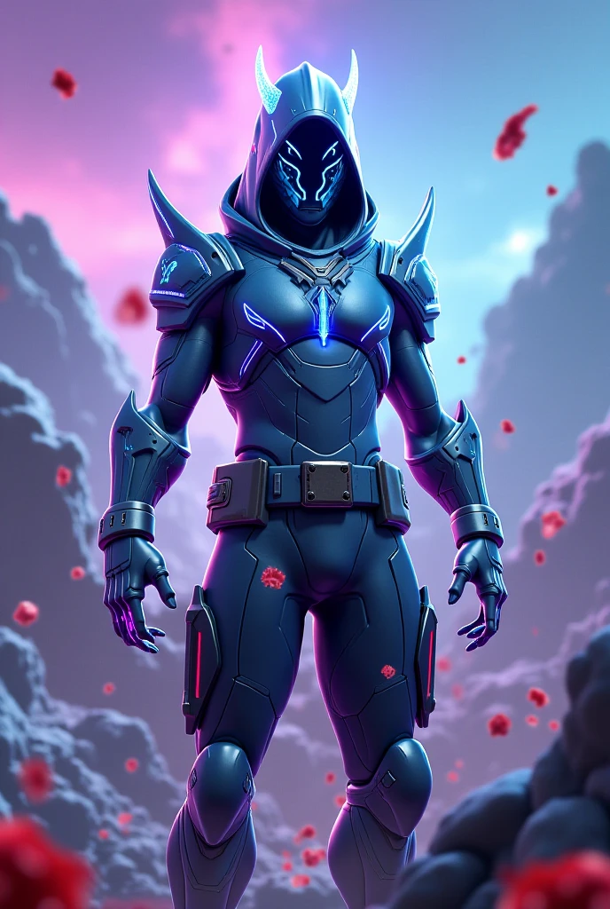 a somber portrait of Navy Thunder Ranger from Power Rangers, with intricate angular cybernetic implants inside a brutalist building, gothic brutalist cathedral, cyberpunk, award-winning photo, bokeh, neon lights, cybernetic limb