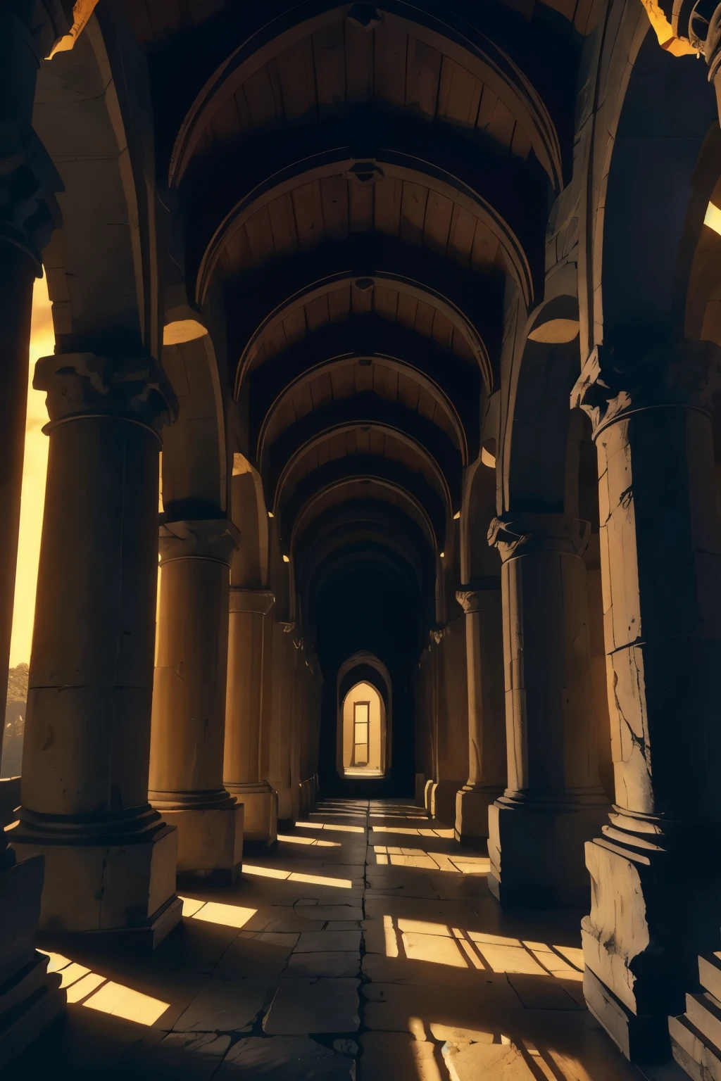 A torch-lit corridor stretches into the distance, the worn stone walls of the Minotaur's labyrinth illuminated by flickering flames. In the shadows, intricately carved Greek columns rise like sentinels, while above, a vaulted ceiling disappears into darkness. The air is heavy with the scent of old parchment and forgotten secrets.
