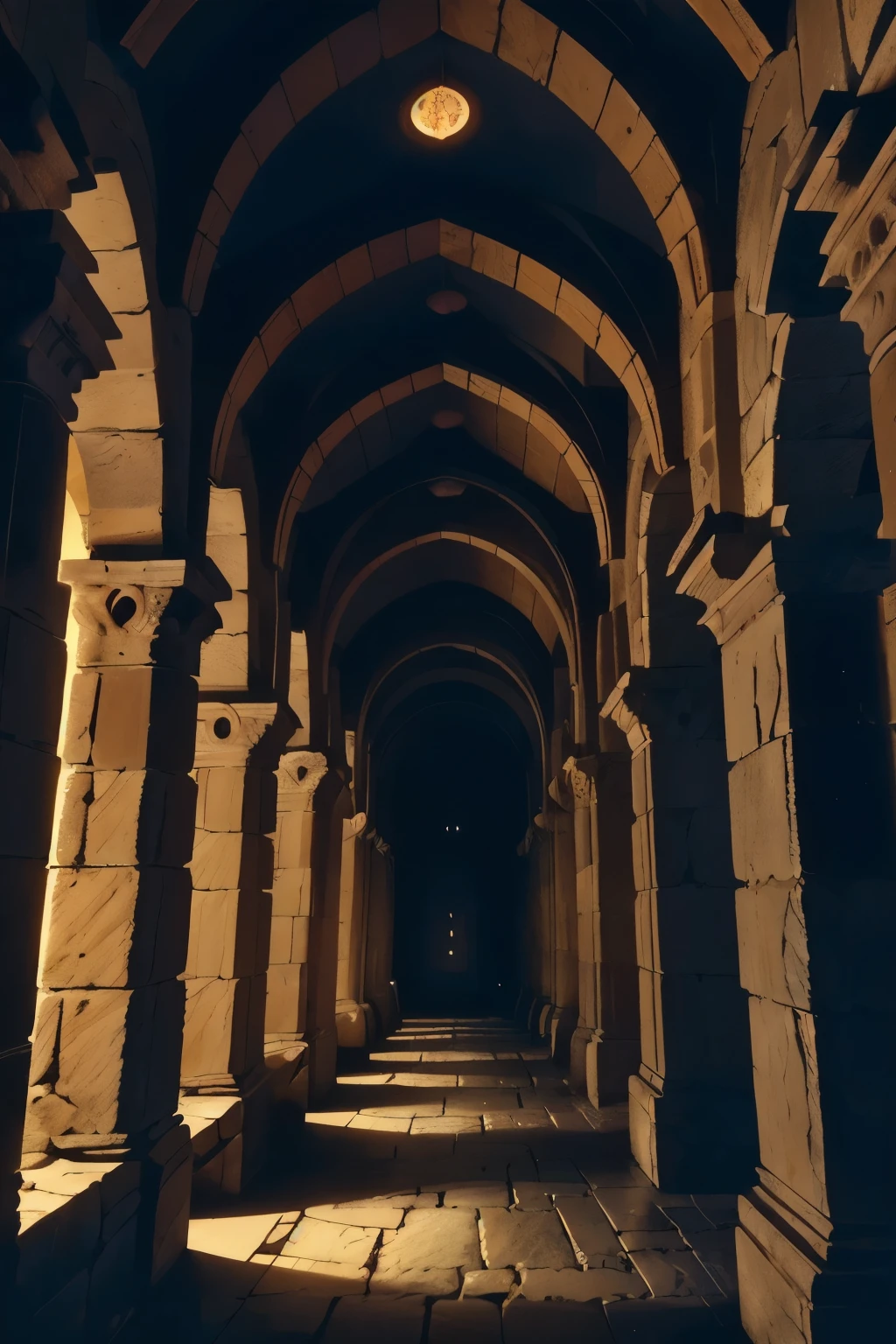 A torch-lit corridor stretches into the distance, the worn stone walls of the Minotaur's labyrinth illuminated by flickering flames. In the shadows, intricately carved Greek columns rise like sentinels, while above, a vaulted ceiling disappears into darkness. The air is heavy with the scent of old parchment and forgotten secrets.