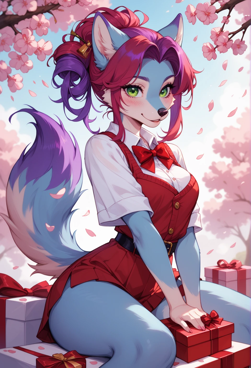 Anthro, fox, female, solo, orange fur, long blue hair, medium breasts, medium ass, curved thighs, wearing transparent wedding outfit, panties and white lace bra, high stockings, holding bouquet of flowers, looking over shoulder, smile embarrassed, flower garden background, tail must be shown, carmelita
