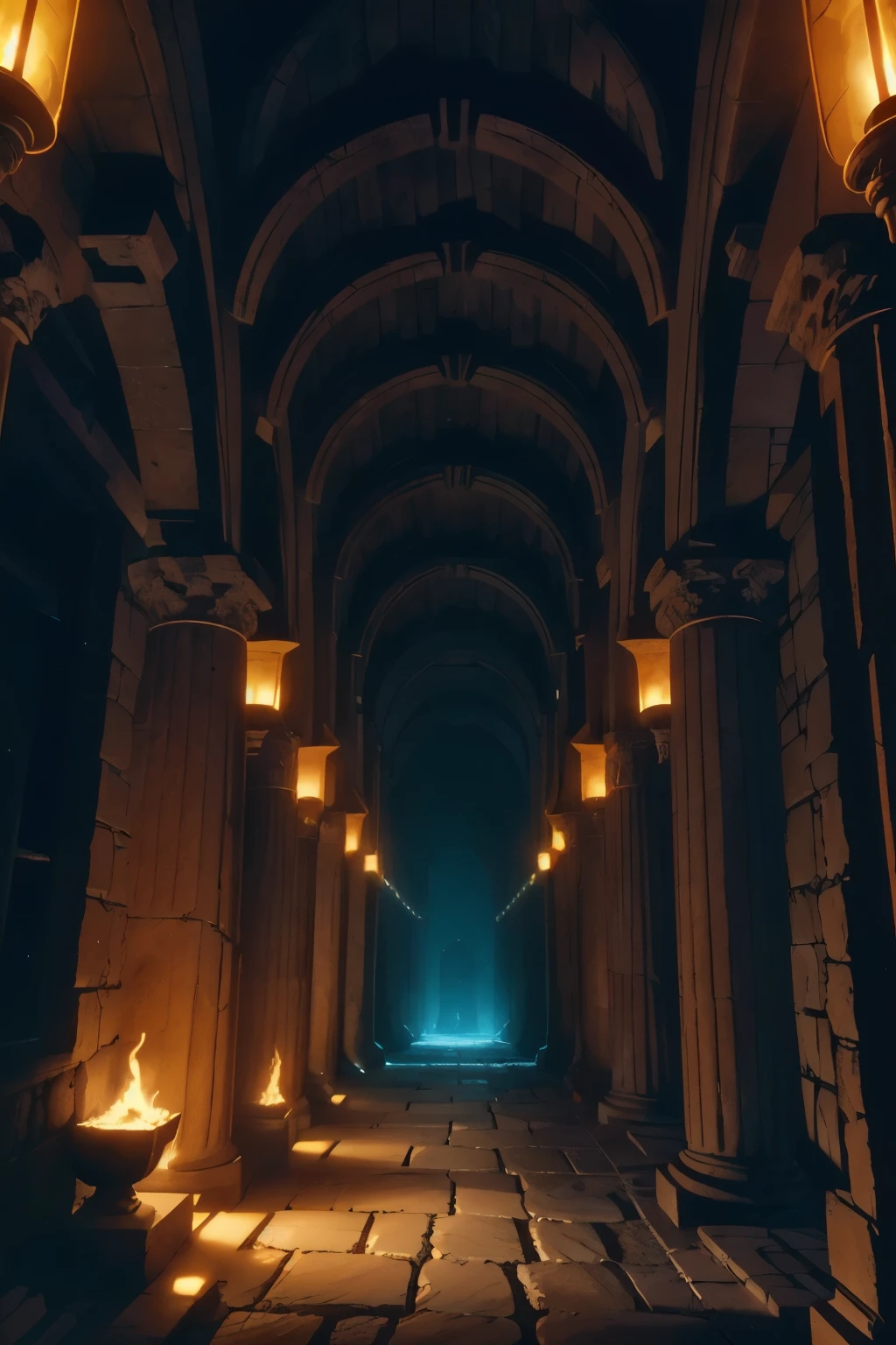 A torch-lit corridor stretches into the distance, the worn stone walls of the Minotaur's labyrinth illuminated by flickering flames. In the shadows, intricately carved Greek columns rise like sentinels, while above, a vaulted ceiling disappears into darkness. The air is heavy with the scent of old parchment and forgotten secrets.
