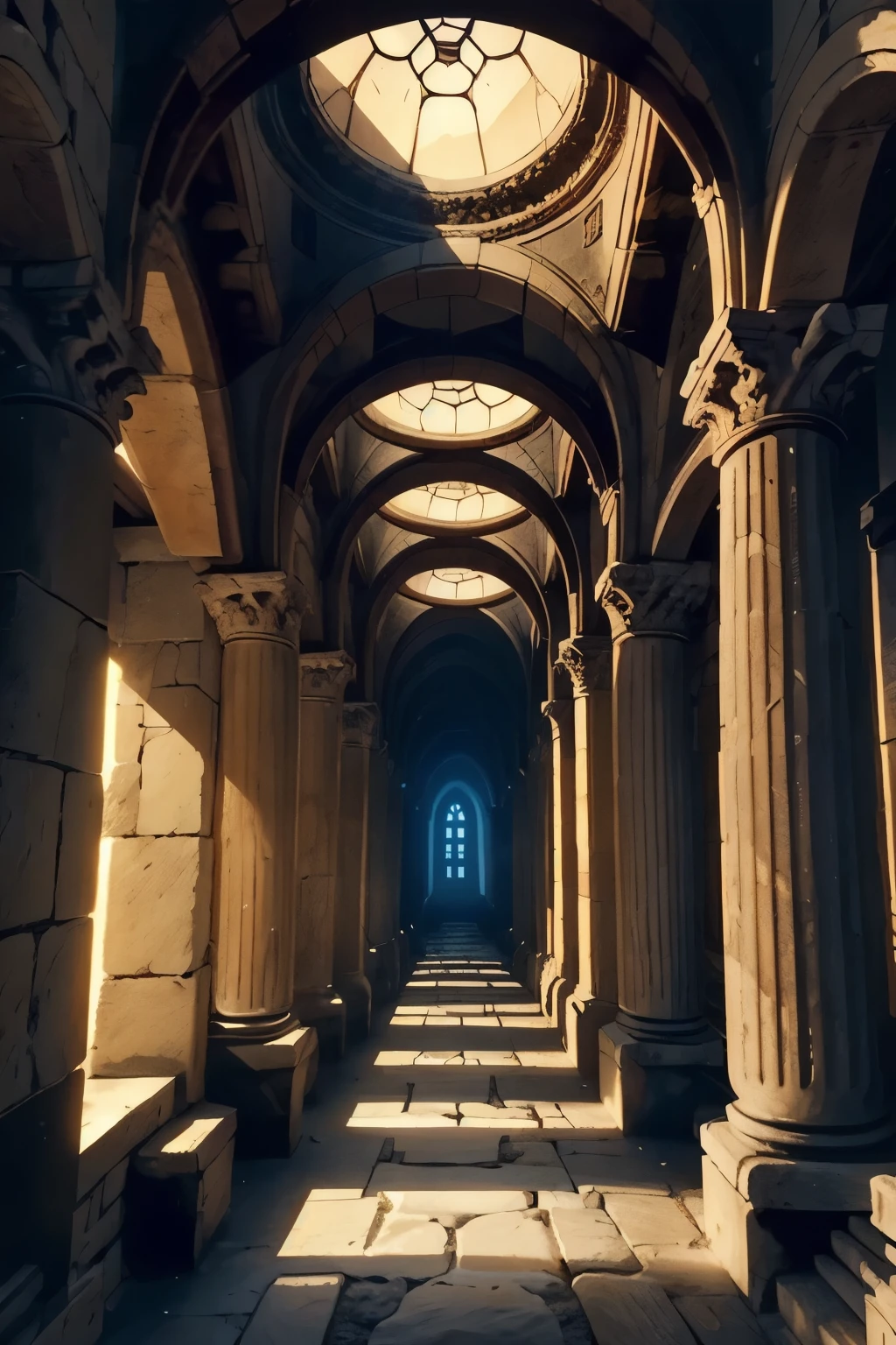 A torch-lit corridor stretches into the distance, the worn stone walls of the Minotaur's labyrinth illuminated by flickering flames. In the shadows, intricately carved Greek columns rise like sentinels, while above, a vaulted ceiling disappears into darkness. The air is heavy with the scent of old parchment and forgotten secrets.