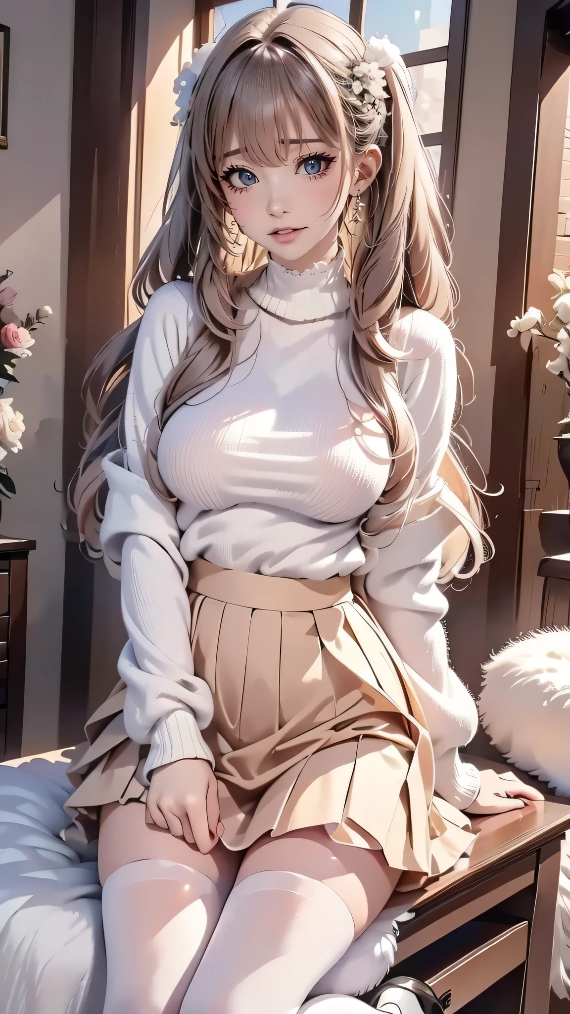 best quality, 32k, RAW photo, incredibly absurdres, extremely detailed, delicate texture, cute woman, (fluffy layered side blow flowing glossy medium hair), wearing fluffy long-pile knit sweater, fluffy skirt, skirt lift, pantyhose, fluffy long boots, superlative body proportion, background pastel color