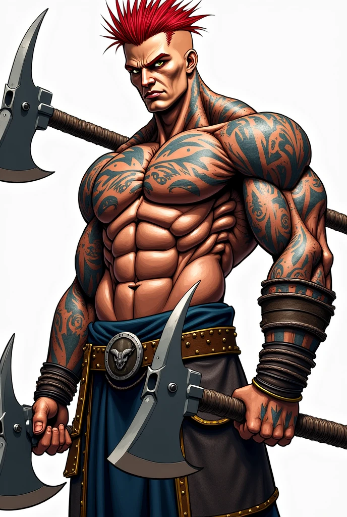 Muscular man with chest hair, wearing no shirt, white militar short hair, blue colored eyes, muscular legs, tight black pants, black shoe, black sword