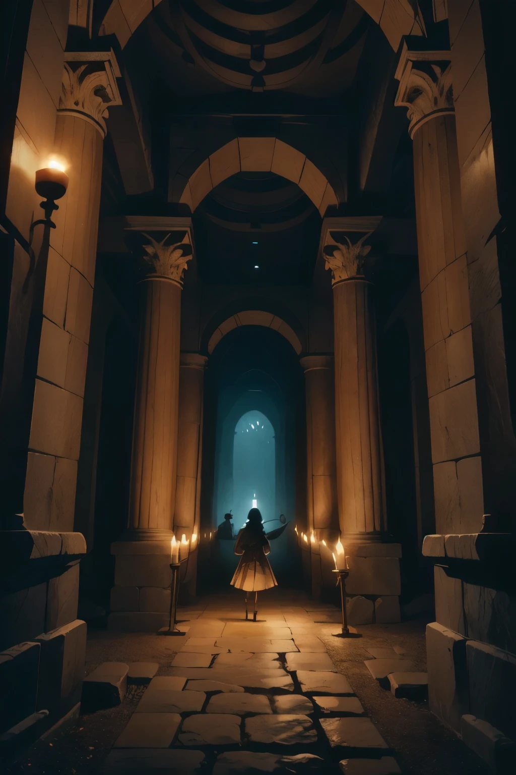 In a dimly lit, ancient Greek-inspired setting, the Minotaur's labyrinth looms large. The twisting corridors of stone blocks are shrouded in mist, with eerie, flickering torches casting long shadows. In the center, the Minotaur stands, its massive frame imposing yet tormented, as it gazes down at a tiny figure in the distance, trapped within the maze's intricate design.