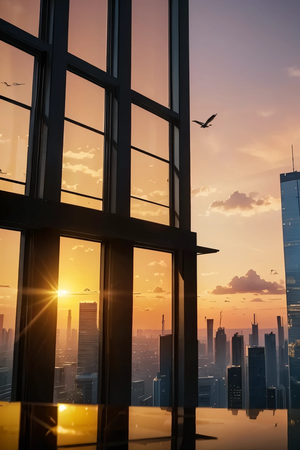a beautiful sunset over a modern city, skyscrapers silhouetted against an orange and pink sky, reflections in the windows, birds flying, warm lighting, cinematic composition, photorealistic, 8k, best quality, masterpiece