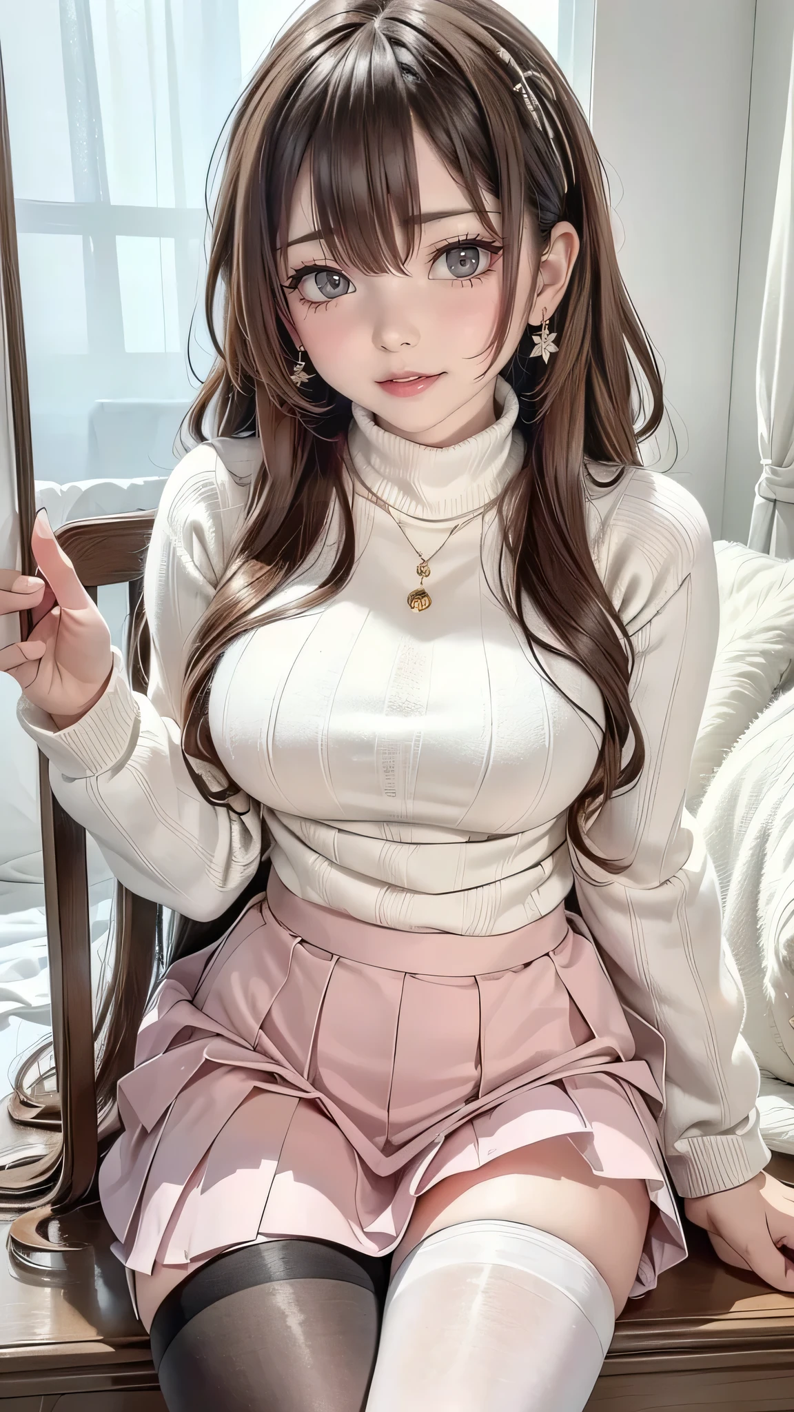 best quality, 32k, RAW photo, incredibly absurdres, extremely detailed, delicate texture, cute woman, (fluffy layered side blow flowing glossy medium hair), wearing fluffy long-pile knit sweater, fluffy skirt, skirt lift, pantyhose, fluffy long boots, superlative body proportion, background pastel color