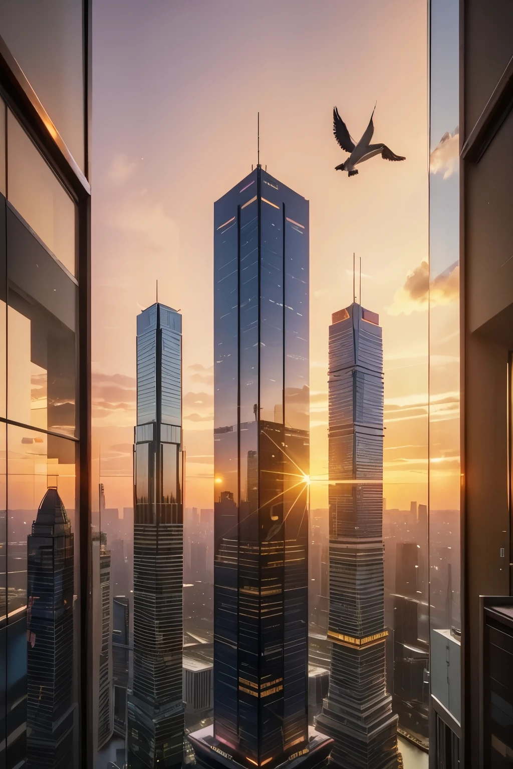 a beautiful sunset over a modern city, skyscrapers silhouetted against an orange and pink sky, reflections in the windows, birds flying, warm lighting, cinematic composition, photorealistic, 8k, best quality, masterpiece