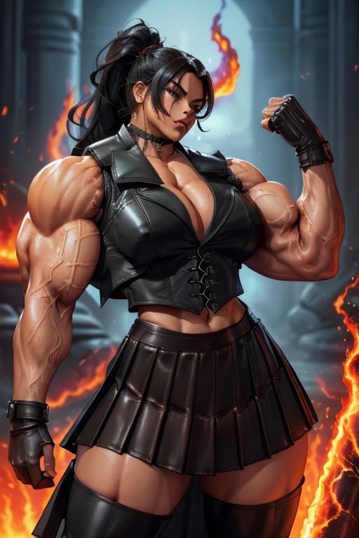 ((Close-up)), tall, (black hair) beautiful muscular woman, long straight hair, light brown skinned, large breast, closed smile, (black lipstick), (massive muscles), (hyper muscle), ((ginormous bulky muscles)) gray eyes, (((black leather vest))), (((long pleated skirt))), ((carrying a black fire sword)), choker, boots, in a mystical school,