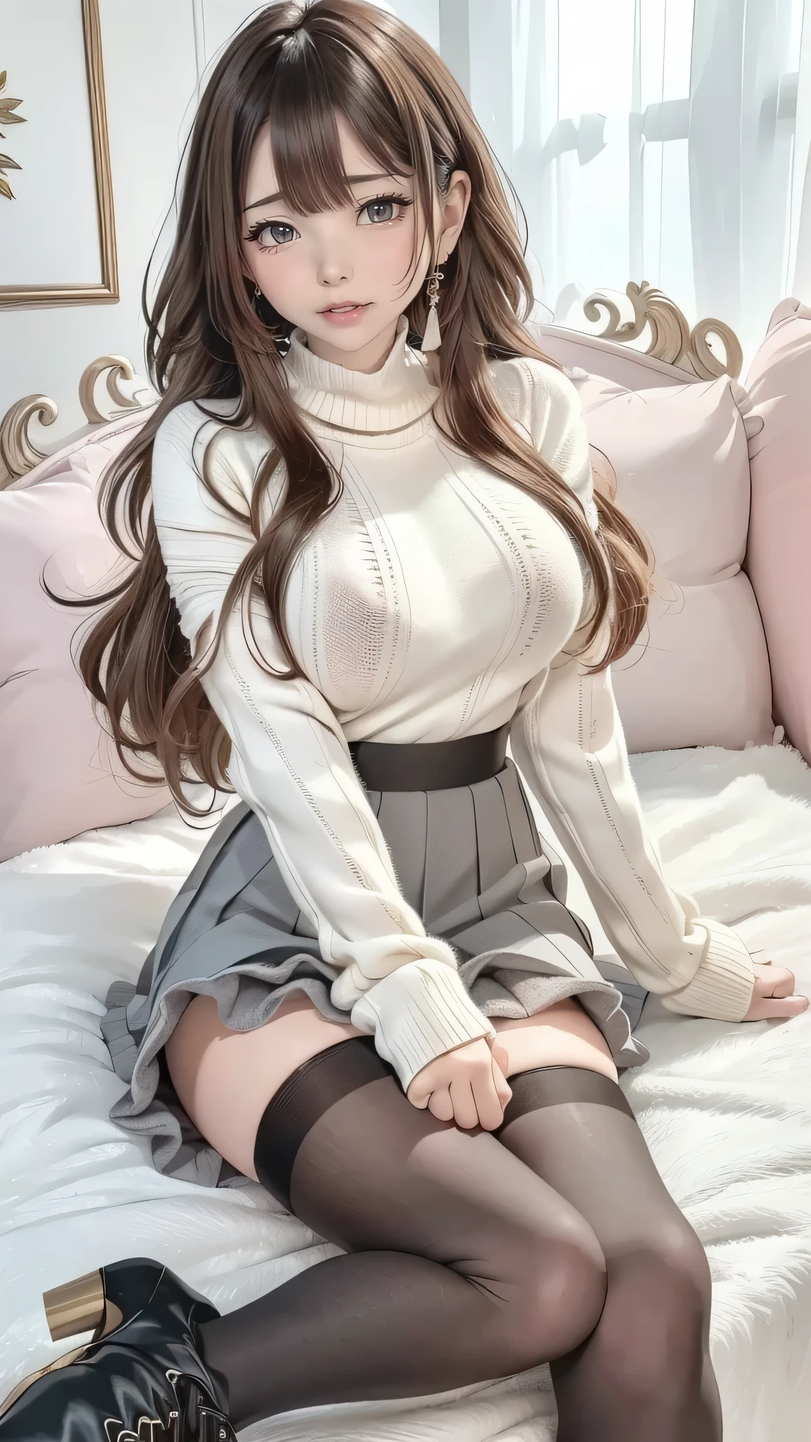 best quality, 32k, RAW photo, incredibly absurdres, extremely detailed, delicate texture, cute woman, (fluffy layered side blow flowing glossy medium hair), wearing fluffy long-pile knit sweater, fluffy skirt, skirt lift, pantyhose, fluffy long boots, superlative body proportion, background pastel color