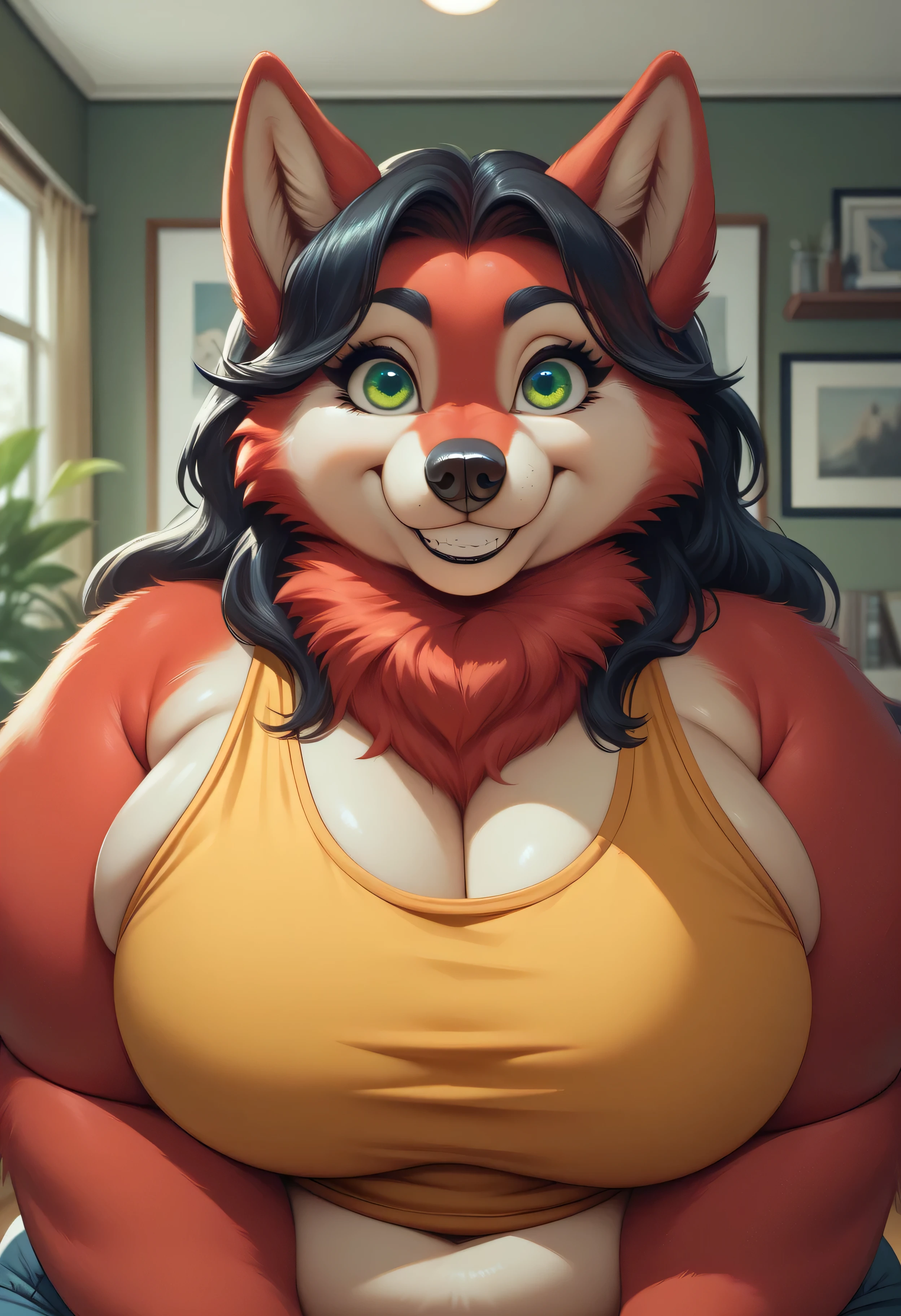 By darkgem, by meesh, by kevinsano, by gillpanda, solo, soft figure, curvy, chubby, bbw, fat, heavy, red panda, female, milf, older woman, furry body, wide body, short woman, shortstack, big arms, (massive breasts:1.3), heavy breasts, warm brown eyes, highly detailed eyes, auburn hair, long hair, milf, fluffy, large areolae, nicely dressed, tank top, necklace, cleavage, big fluffy tail, Masterpiece, best quality, absurd res, highly detailed, cleanly drawn eyes, anthro only, casual restaurant, indoors, inside, shadowy figures in background, (shy smile:1.3), looking at viewer, seated, big bottom lip, dark lipstick, (breasts resting on table:1.8), deep cleavage,
