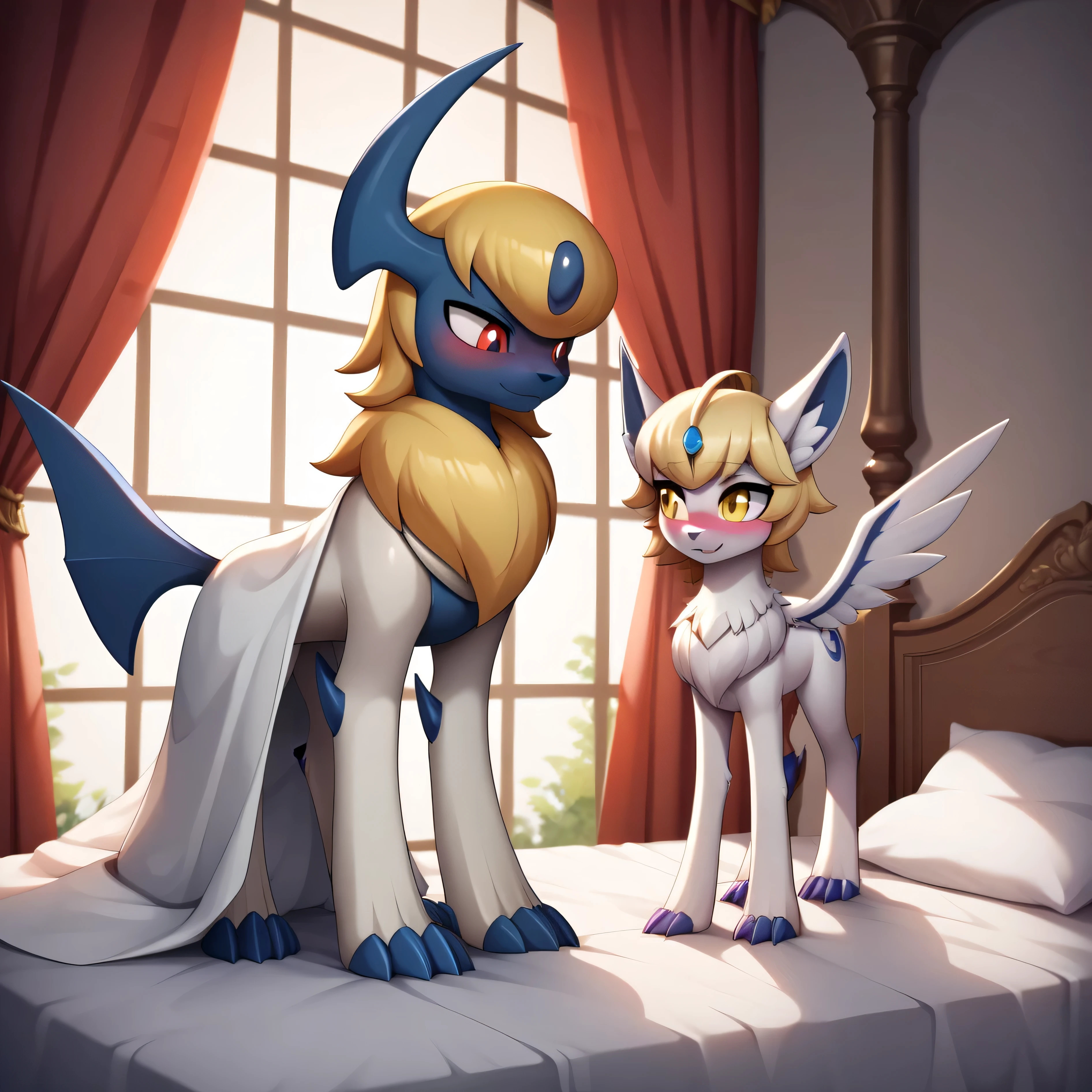 masterpiece, best quality, highly detailed, detailed eyes, detailed face, detailed skin, score_9, score_8_up, score_7_up, full body shot, in mansion, on bed, 1boy, 1girl, female quadruped, feral, gallade, absol, couple, 2pokemon, blonde hair, yellow eyes, head crest, pokemon (creature), looking at each other, flustered, embarrassed, blushing,