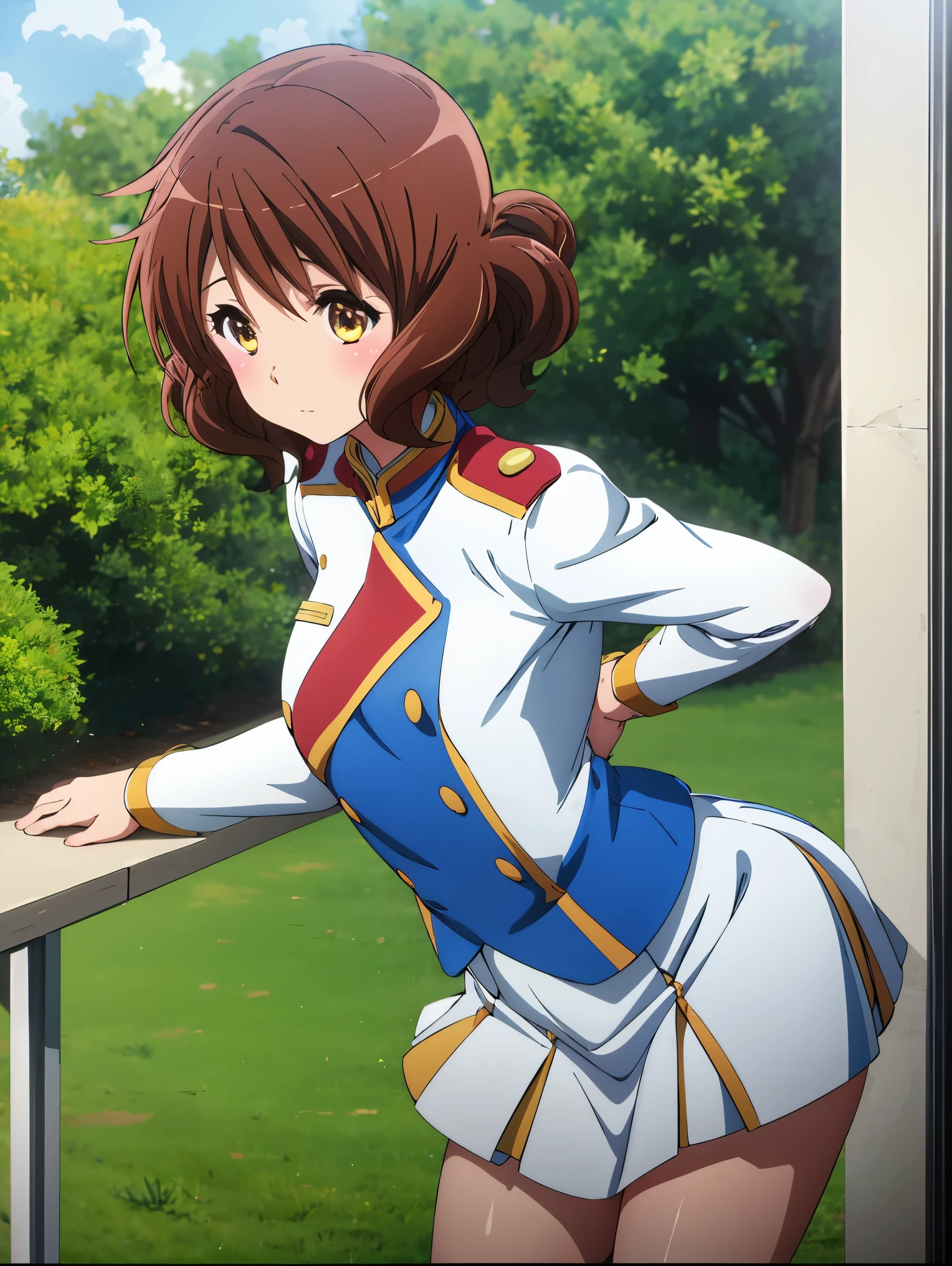 1 Girl,Cowboy Shot,Skirt flip,White lace panties,High quality anime、High resolution, Kumiko、Tabletop,band uniform,sunfes marching band uniform,[3D Images:1.5],[[Attractive eyes,Fine grain、Shining Eyes, Colorful eyes:1.15],whole、Looking at the audience,8K images,Cute Anime Girl