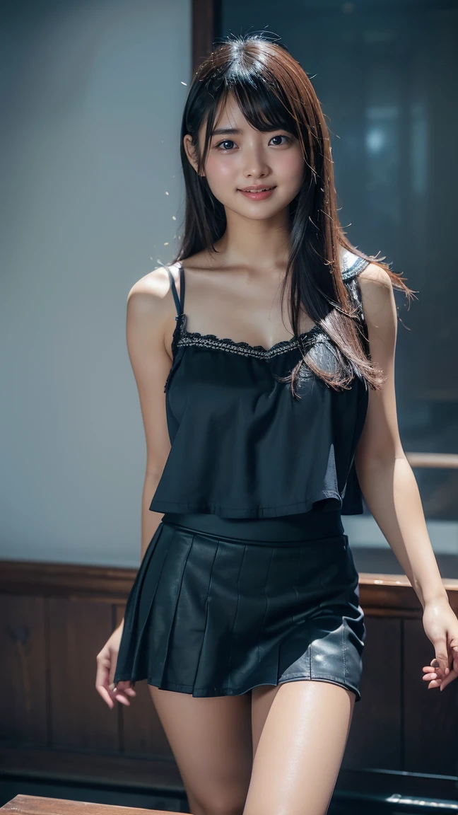 Detailed background, masutepiece, Best Quality, 1 person , Curly hair, Long hair, Purple eyes, Strapless blouse, long skirt, cute smile face, Sit on the windowsill、