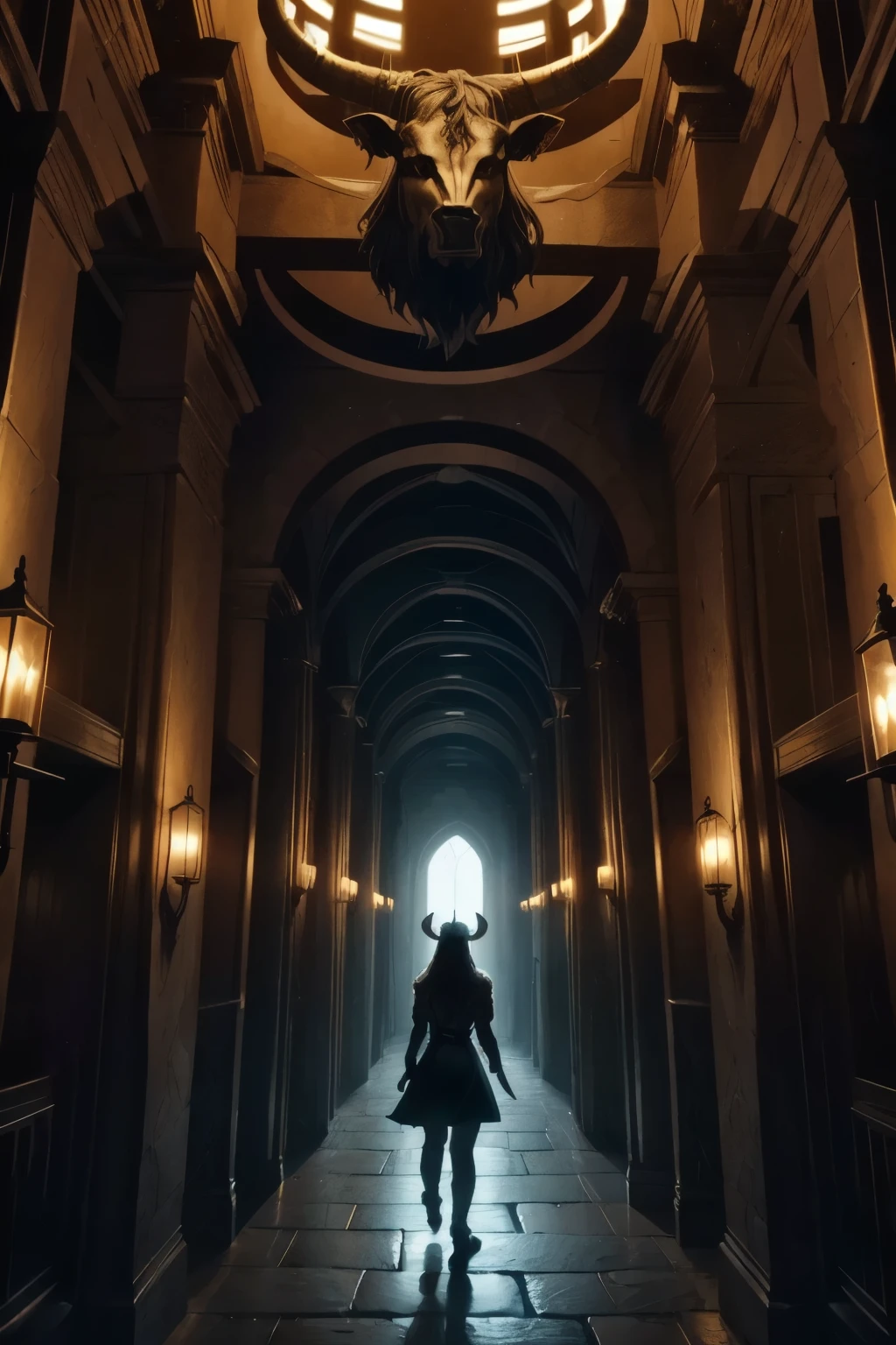 In a dimly lit, ancient Greek-inspired setting, the Minotaur's labyrinth looms large. The twisting corridors of stone blocks are shrouded in mist, with eerie, flickering torches casting long shadows. In the center, the Minotaur stands, its massive frame imposing yet tormented, as it gazes down at a tiny figure in the distance, trapped within the maze's intricate design.