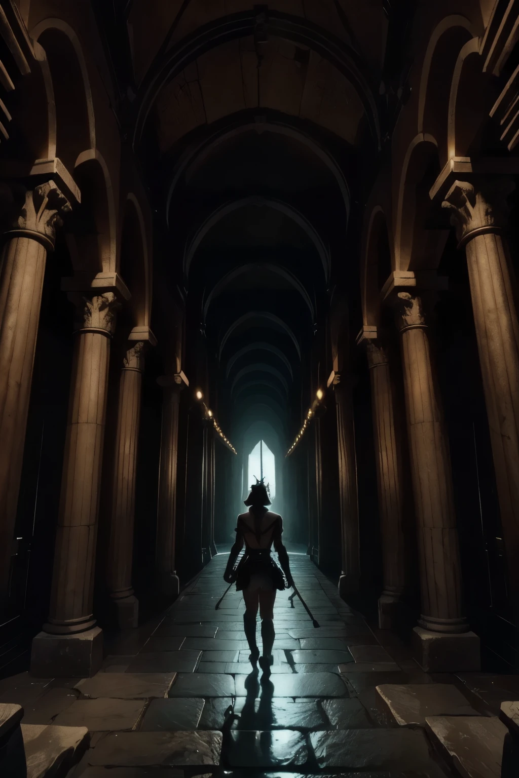 In a dimly lit, ancient Greek-inspired setting, the Minotaur's labyrinth looms large. The twisting corridors of stone blocks are shrouded in mist, with eerie, flickering torches casting long shadows. In the center, the Minotaur stands, its massive frame imposing yet tormented, as it gazes down at a tiny figure in the distance, trapped within the maze's intricate design.