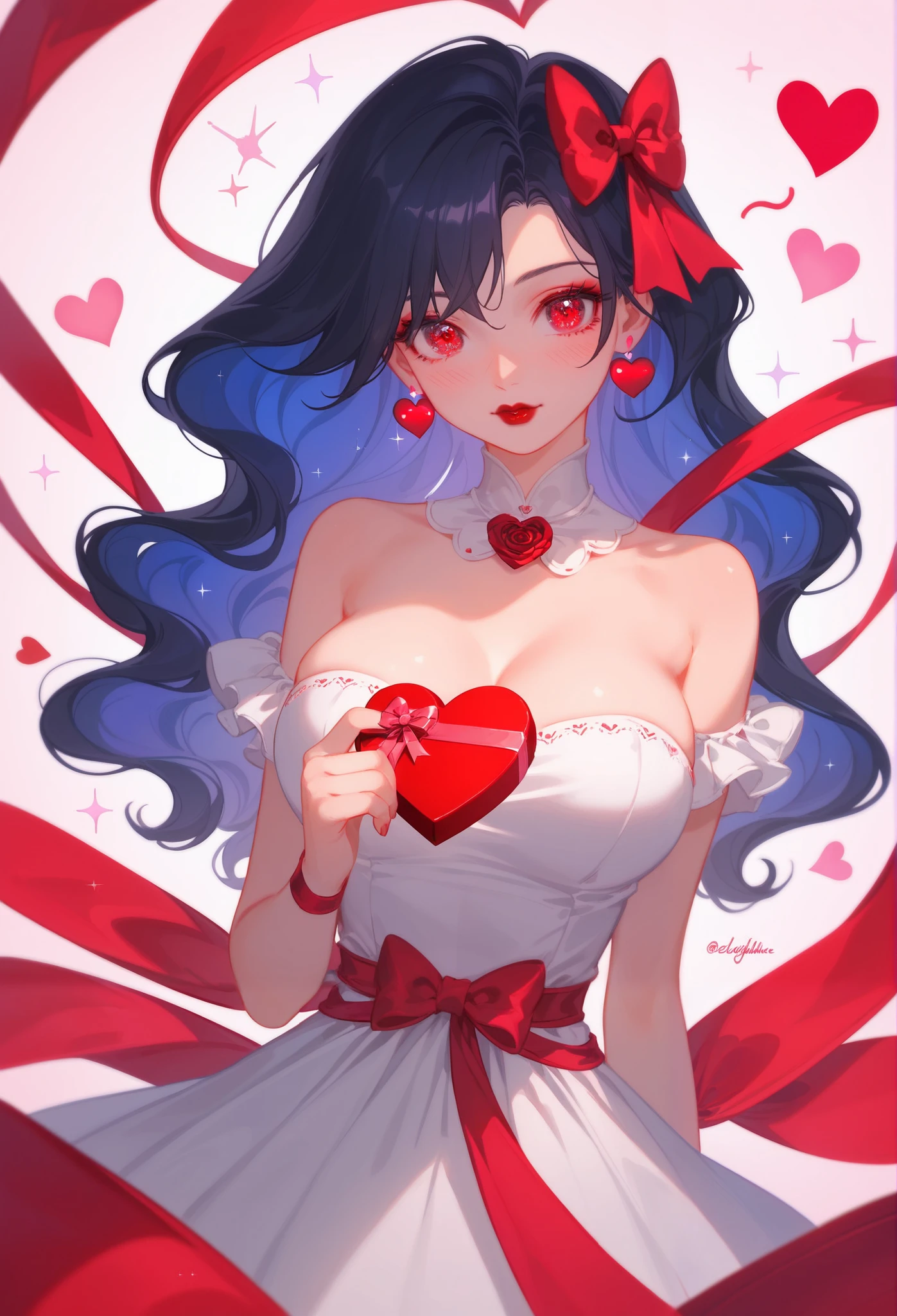 (masterpiece), best quality, highres, ultra-detailed, pastel colors, Girl with Semi wavy black hair, bangs, Red eyes, large breasts, adorable blush, beautiful and curvy body, body with nice ass, big breasts, Eyeliner, red lips, villain girl, badgirl
fashionable clothes, fashionable cape, "Valentine's Day", playful, cute, funny, a lot of hearts, confusion, sparkles, shine, radiance, clarity, sharpness, Wearing a beautiful valentine dress, offering valentine chocolates, background colors and valentine letters, bows, pastel colors,