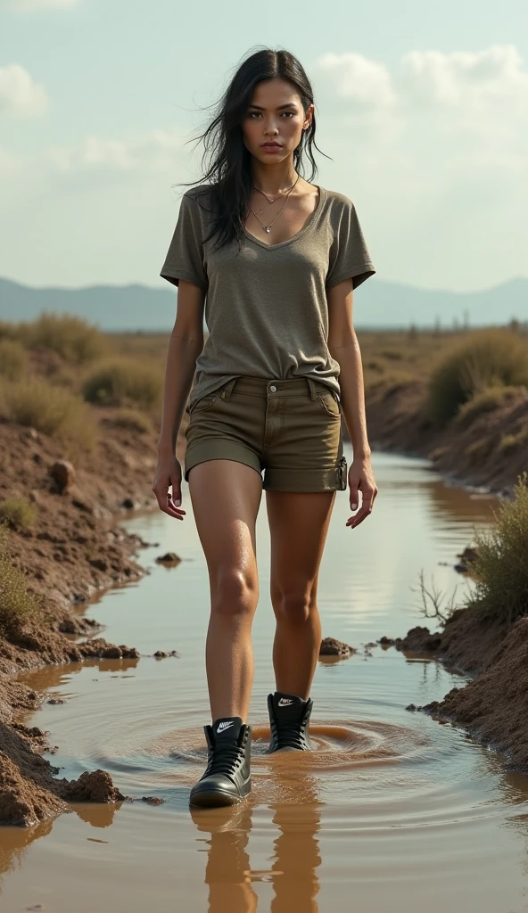 A beautiful woman, with short dark hair, sporty body, wearing small shorts and a shirt and barefoot. Her clothes are muddy, dirty, ragged, hidden eroticism, sexy. Standing in knee deep mud. Sunset
