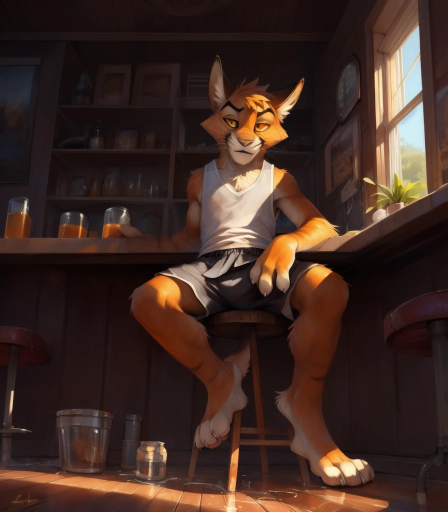 MALE ANTHRO FURRY, CAT BOY, zib, orange fur, white belly, ((clear yellow eyes, orange sclera, detailed pupil:1)), white bandage, 4 fingers, 1boy, solo, paws, stool (looking at viewer), barefoot, smile, pants, shirtless,detailed fur, 4 fingers (detailed bonifasko lighting) (detailed ambient light), (indoory pino daeni, by joaquin sorolla, by einshelm) fluffy fur, (solo:1), looking at viewer (front view)