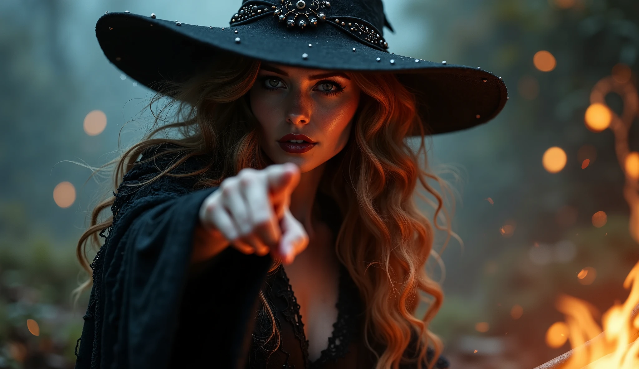 beautiful detailed eyes, beautiful detailed lips, extremely detailed eyes and face, long eyelashes, 1 female witch, elegant witch, sexy witch, witch on broomstick, witch pointing finger at viewer, golden eyes, intense seductve gaze, full body, dark fantasy, dark magic, dark witch, moody lighting, dramatic lighting, cinematic lighting, highly detailed, intricate details, fantasy art, digital painting, hyper realistic, masterpiece, 8k, photorealistic, cinematic, dramatic, mystical, magical