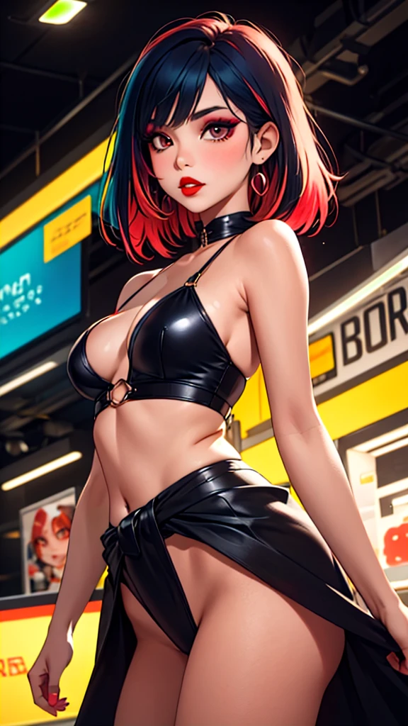 sitting straight symmetrical, sitting on grass, full body, solo girl looking to the camera, choker, high heels, anime girl with red hair, wearing black latex harness, black elbow length latex gloves, black latex stockings, nipple piercings, navel piercing, beautiful celestial mage, beautiful character painting, extremely detailed artgerm, beautiful and elegant human queen, wlop rossdraws, 8k high quality detailed art, fantasy art style, anime fantasy illustration, by Yang J, detailed fantasy art, fanart best artstation, wlop and rossdraws, big breast, red long hair, large round breasts, latexai_black, (night club background, detailed background, spotlights on ceiling, people watching in background, crowds in background, neon signs in background, moody background)