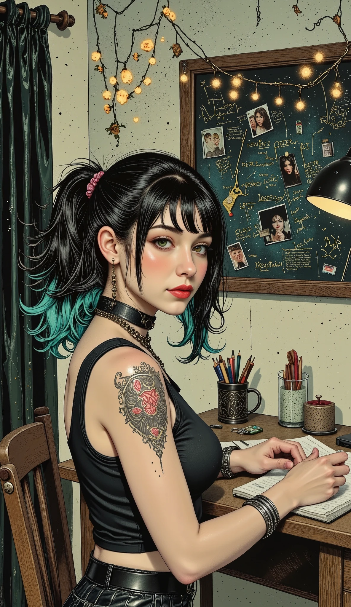  a general shot of a young woman modern and fun clothes, with loose black hair and cyan highlights ,  has part of her hair tied up with a somewhat unkempt and fluffy bun ,  earrings with rings ,  makeup red and fleshy lips ,  abundant and long false eyelashes ,  look sensual style Comic sitting at a desk with a designer lamp on her left side she is writing on her notebook,  on the desk there is a container with pens , pencils, a scissors ,  you can see keys a cell phone , An apple,  in the background there is a blackboard , with photographs , And things written ,  a garland of lights and dried flowers ,  a curtain that moves with the wind ,  shade of the room faint , Beautiful comic art, neoartcore y charlie bowater, Charlie Bowater Style,  graphic artist artgerm , comic style art, lois van rossdraws,  Charlie Bowater and Artgerm ,  graphic novel art , in Charlie Bowater Style,  beautiful artwork ,  artistic style Charlie Bowater , ( better quality,4k,8K, high resolution sweatshirt, masterpiece:1.2), ultra detailed, sharp focus,(realistic,photorealistic,photo-realistic:1.37), very detailed face, extremely detailed facial features,hyper realistic skin texture, Extremely fine details , intricate details,  detailed eyes,Detailed nose, detailed lips, detailed facial expressions ,Intricate facial anatomy, intense lighting,  dramatic lighting , changing lighting , cinematic lighting,chiaroscuro lighting, dramatic shadows ,dramatic moments, vivid colors,intense colors,Deep contrast, cinematic depth of field , film composition , motion picture camera angle 