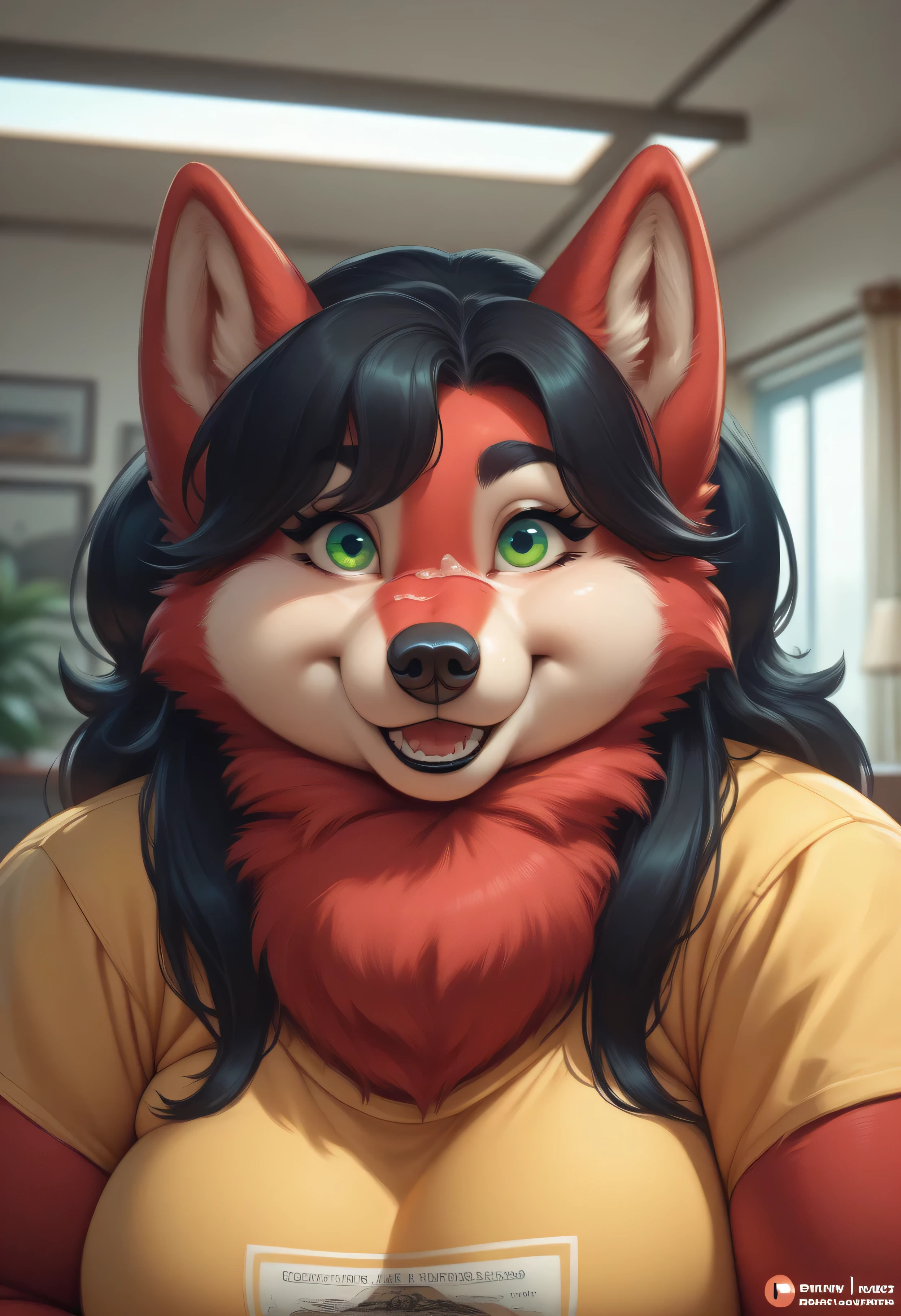 Sexy female anthro, (fellatio on viewer, viewer's pov) red hair, yellow eyes, 8k, film, masterpiece quality, semi realistic, high detail, short skinny jeans, cropped plaid shirt, (on knees), close up, seductive look, drool