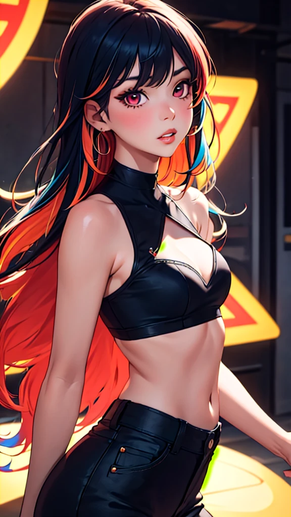 blush, cleavage,glowing aura, natural light, masterpiece,  glossy skin, juicy lips ,long hair,  hair style,sexy, hot, , random expression,  red eyes, smirk, , cleavage, puckered lips, juicy lips, bimbo, hour glass, , ass focus, tight skirt, pissed, black skirt, t-shirt, black hair, red lips, ((rainbow highlights in hair)), rainbow, ((rainbow glitch)), cyber, cybernetic,
