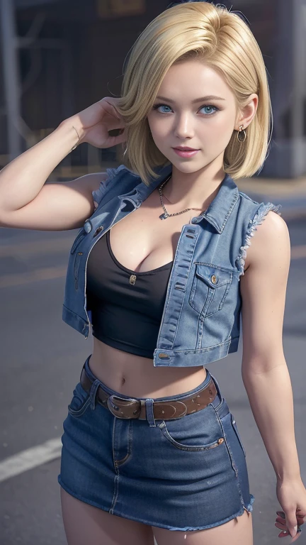 Best quality, high resolution, Y18, 1 girl in, Android 18, Solo, for blonde, Blue eyes, short hair, earrings, jewelry, T-shirt from the movie Intense Mind, black stockings, Denim miniskirt, White miniskirt, sexy heels, medium breasts, cowboy shot, street, (full body shots), (externally expanded chest: 1.2), background in an alley