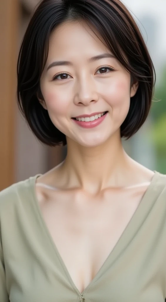 portrait, 8K, high quality, realistic photo image, 39 years old, Japan woman, neat and clean wife, small, housewife, reproduce natural and realistic eyes, Japan person stand, small, beautiful black hair, short hair, light makeup, octane rendering, beautiful lighting, golden ratio composition, smile, everyday wear, casual clothes, natural background, blurred background, 4k, high quality, realistic photo image, Japan woman, 37 years old, pure Japan face, lovely wife, upper body, small breasts, light makeup, suppin, neat beauty, mature woman, sober clothes, gray, beige, blue, sober, casual attire, smile, black hair, small black eyes, background blur