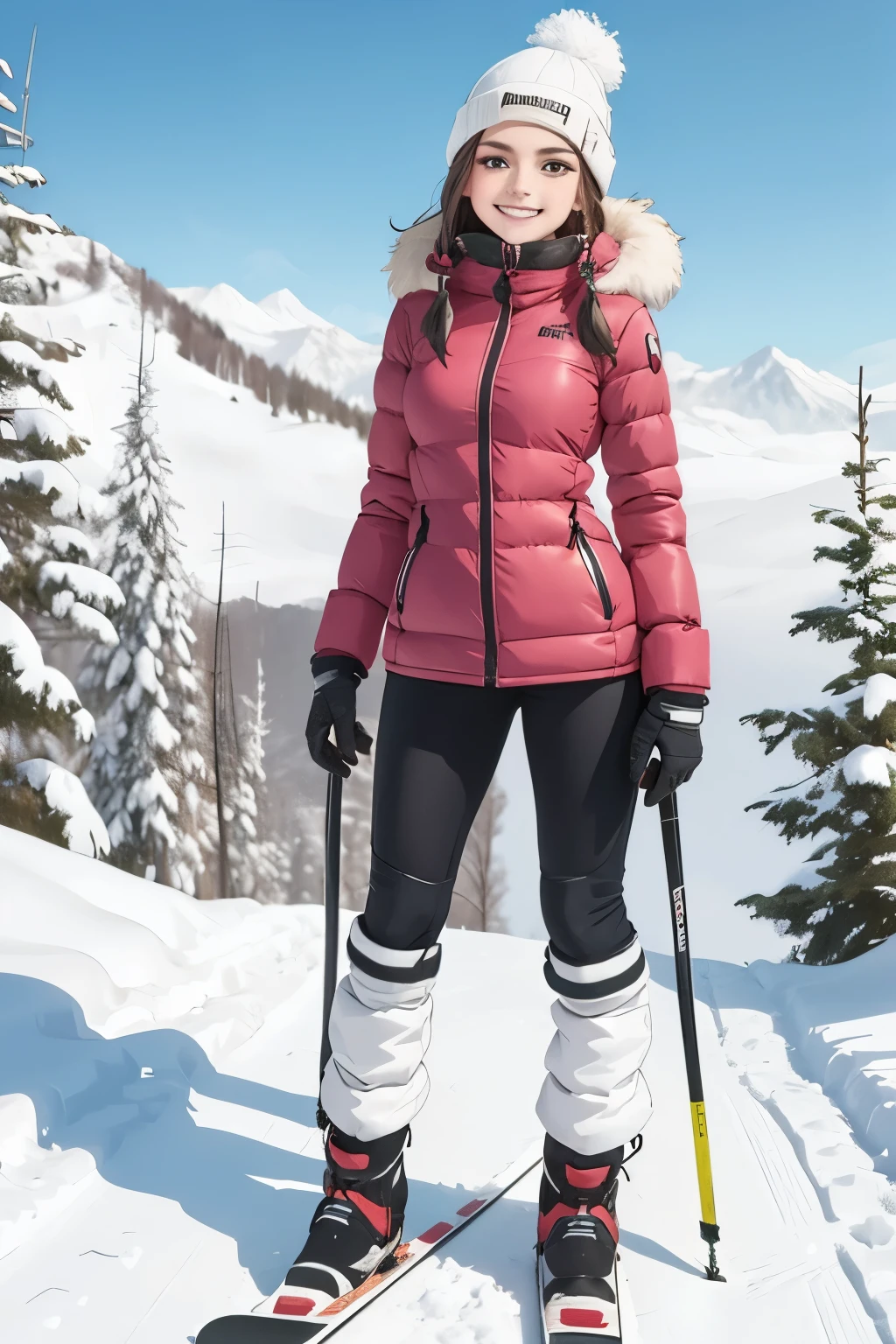 Arafed woman in a pink jacket and black pants on skis - SeaArt AI