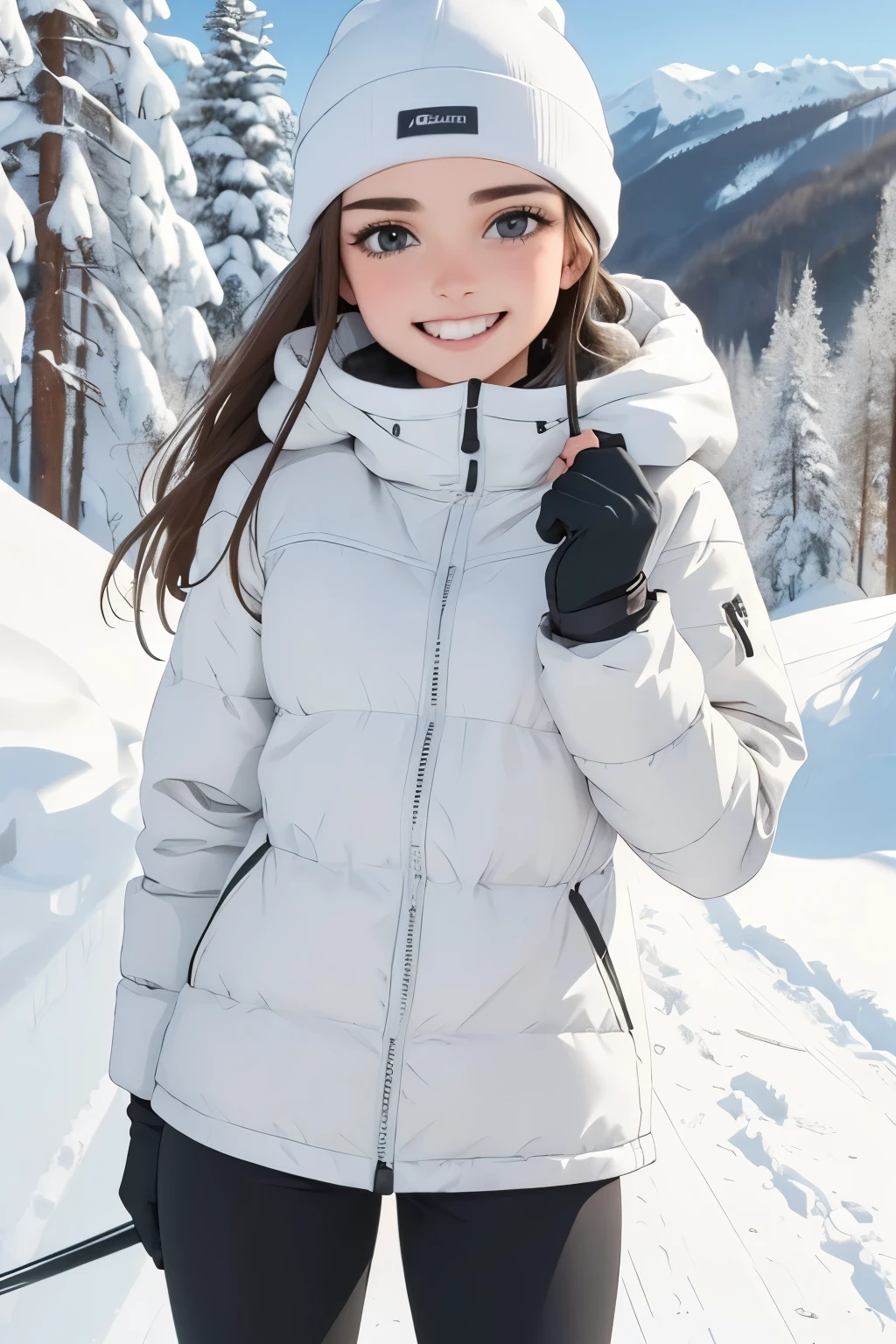 beautiful girl, on a ski slope getting ready to go down a snowy slope, very happy, happy moments. winter clothes as a skier, beautiful winter landscape