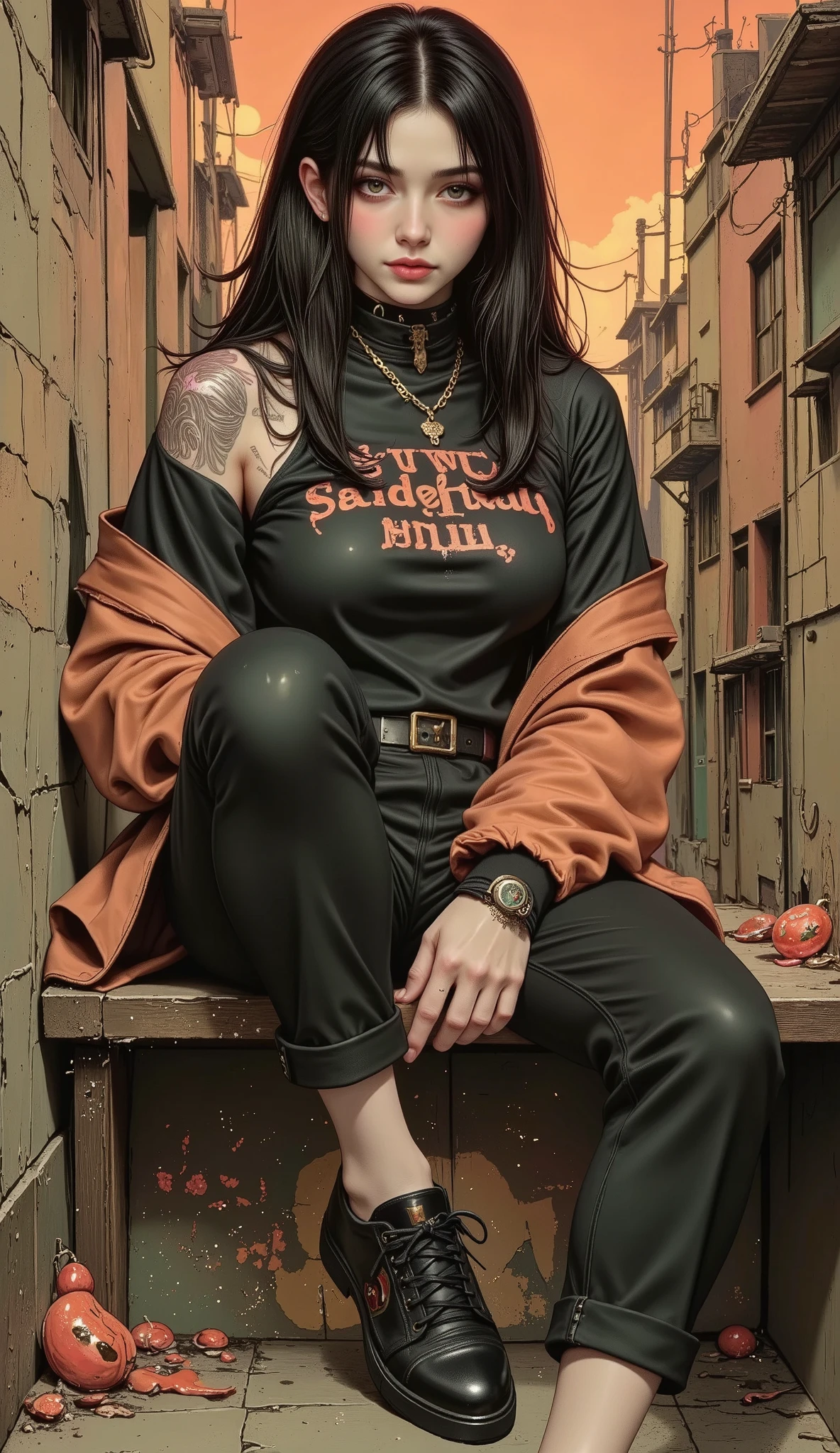 painting of a woman sitting on a shelf with a candy as a palette, she is sitting in front of the camera , sitting on the street cord , with her legs crossed , her arms resting on her knees , with one hand she grabs the candy palette , she has jet-black hair with a very shiny slit in the middle , And handsome he has long hair he wears a coat with beautiful warm colors black sweatshirt with inscriptions and drawings, her jacket falls on her shoulders , she wears rolled-up jeans , black sneakers with white laces , socks, the background of the peeling wall with various colors , orange, olive green, and yellow as if the old paint came out , some bricks seen , she looks at the camera sensually , tilted a little downward , artwork in the style of Guweiz , by Russell Dongjun Lu, inspired by Yanjun Cheng, inspired by Russell Dongjun Lu, guweiz, by Lin Liang , Guweiz's masterpiece, by Yanjun Cheng, guweiz on artstation pixiv, cyberpunk urban clothing,