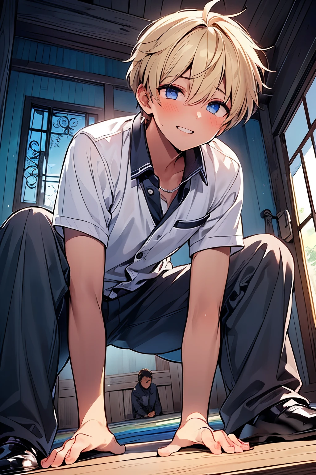 ((1-boy :1.5)),((handsome Gay:1.3)),(holding:1.0),cute,((dark skin body:1.1)),A perverted smile full of lust,((Eerily Shining Eyes :1.0)),((blonde hair:0.8)),((eerily shining blue eyes:0.8)),((crouching:1.0)),((spread both hands downward:1.25)),