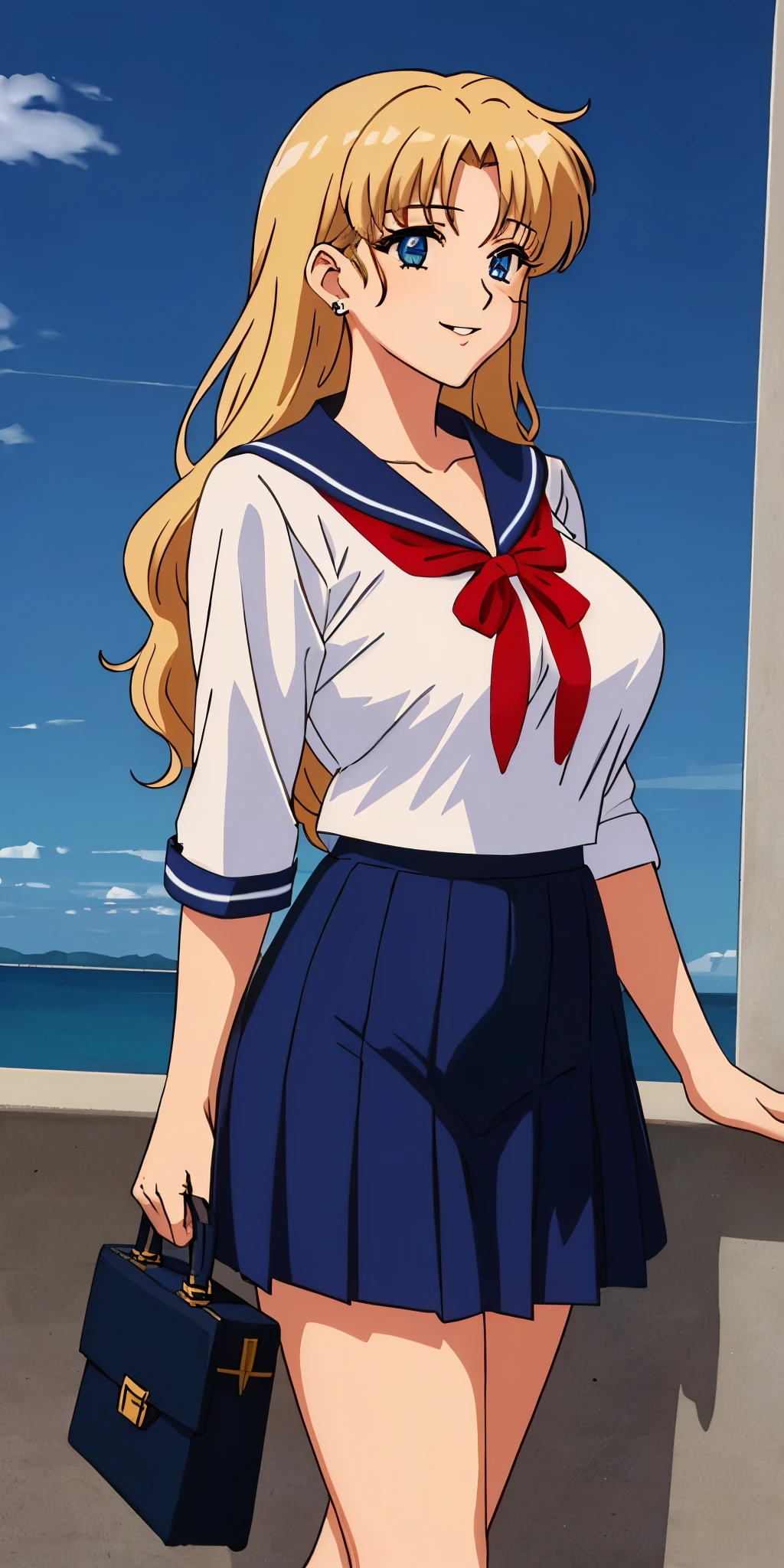 Young woman drawn in 80’s anime art style.
Retro anime. Vintage Anime. Classical Anime.
She has long and wavy blonde hair, blue eyes, full lips, and a beauty mark located under the right side of her mouth. She is well known for her curvaceous figure of which her most distinctive trait is her very large breasts. She is also wearing jewelry and a seductive smile.
She is wearing a sailor fuku (セーラー服, sērā fuku, sailor outfit) is a common japanese style of uniform worn by women, traditionally by high school female students.
The uniform generally consists of a sailor-styled blouse attached with a (Navy blue sailor-style collar) and a Dark Navy Blue Sailor Blouse. The length of the long skirt goes down past her ankle.
A ribbon is tied in the front and laced through a loop attached to the sailor blouse. The color is the ribbon is red. (RED RIBBON)
(Dark Navy Blue Sailor Shirt)
(Dark Navy Pleated Skirt)
She is holding a briefcase
(High School)