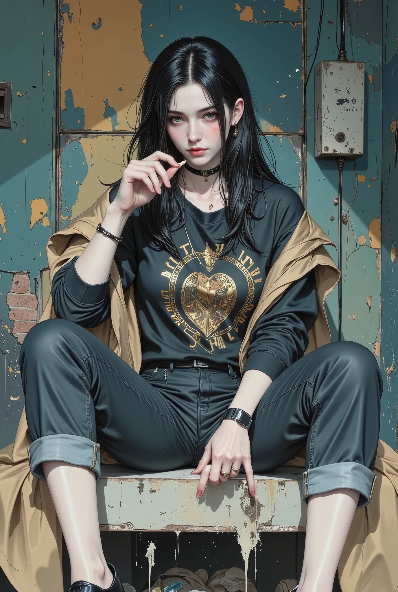  painting of a woman sitting on a shelf with a candy as a palette,  she is sitting in front of the camera ,  sitting on the street cord ,  with her legs crossed ,  her arms resting on her knees ,  with one hand she grabs the candy palette ,  she has jet-black hair with a very shiny slit in the middle ,  And handsome he has long hair he wears a coat with beautiful warm colors black sweatshirt with inscriptions and drawings,  her jacket falls on her shoulders ,  she wears rolled-up jeans ,  black sneakers with white laces , socks,  the background of the peeling wall with various colors , orange, olive green,  and yellow as if the old paint came out , some bricks seen ,  she looks at the camera sensually ,  tilted a little downward ,  artwork in the style of Guweiz , by Russell Dongjun Lu, inspired by Yanjun Cheng, inspired by Russell Dongjun Lu, guweiz, by Lin Liang , Guweiz&#39;s masterpiece, by Yanjun Cheng, guweiz on artstation pixiv, cyberpunk urban clothing,