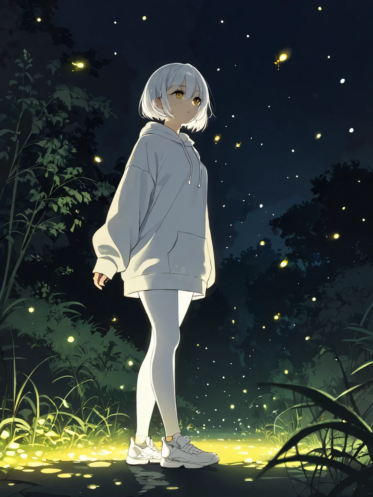  1 girl,  white hair,  masterpiece,  short hair, one long strand with pigtails,  in a white long sweatshirt , white leggings , sneakers, walks at night , fireflies